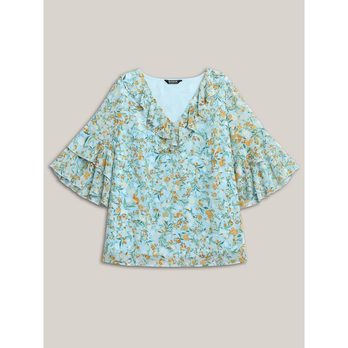 Plus Size LightBlue Floral Print Ruffled Layered Sleeve Blouse Women Short sleeve V-neck Everyday-Elegant Blouses BloomChic 28/5X Product Image