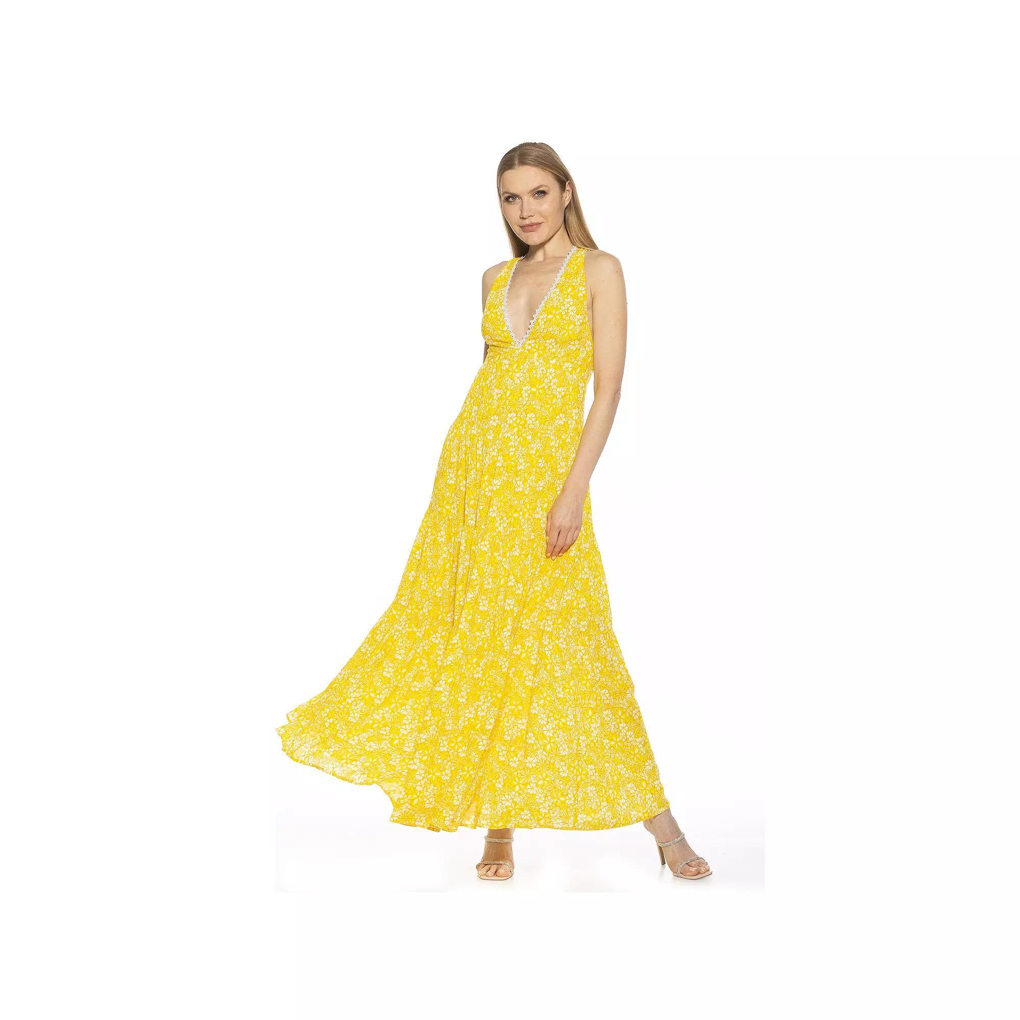 Women's ALEXIA ADMOR Tezzi Lace Trim V-Neck Tiered Maxi Dress, Size: 6, Yellow Ditzy Product Image