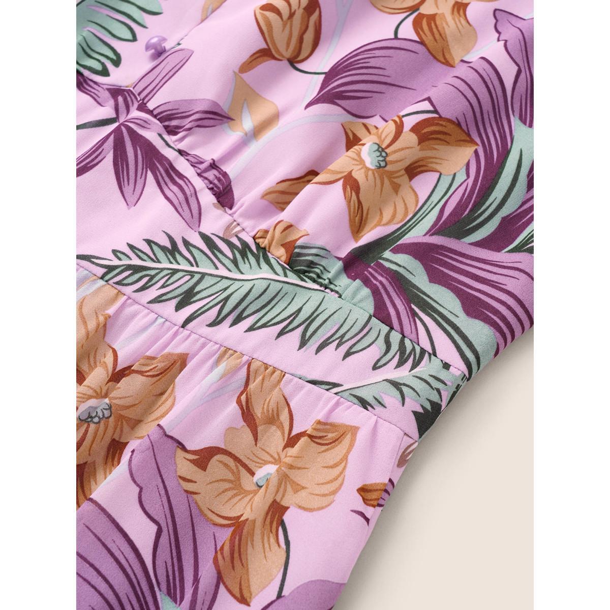 Plus Size Chiffon Floral Print Beaded Detail Elastic Cuffs Dress Lilac Women Elegant Non V-neck Long Sleeve Curvy Midi Dress BloomChic 26/4X Product Image