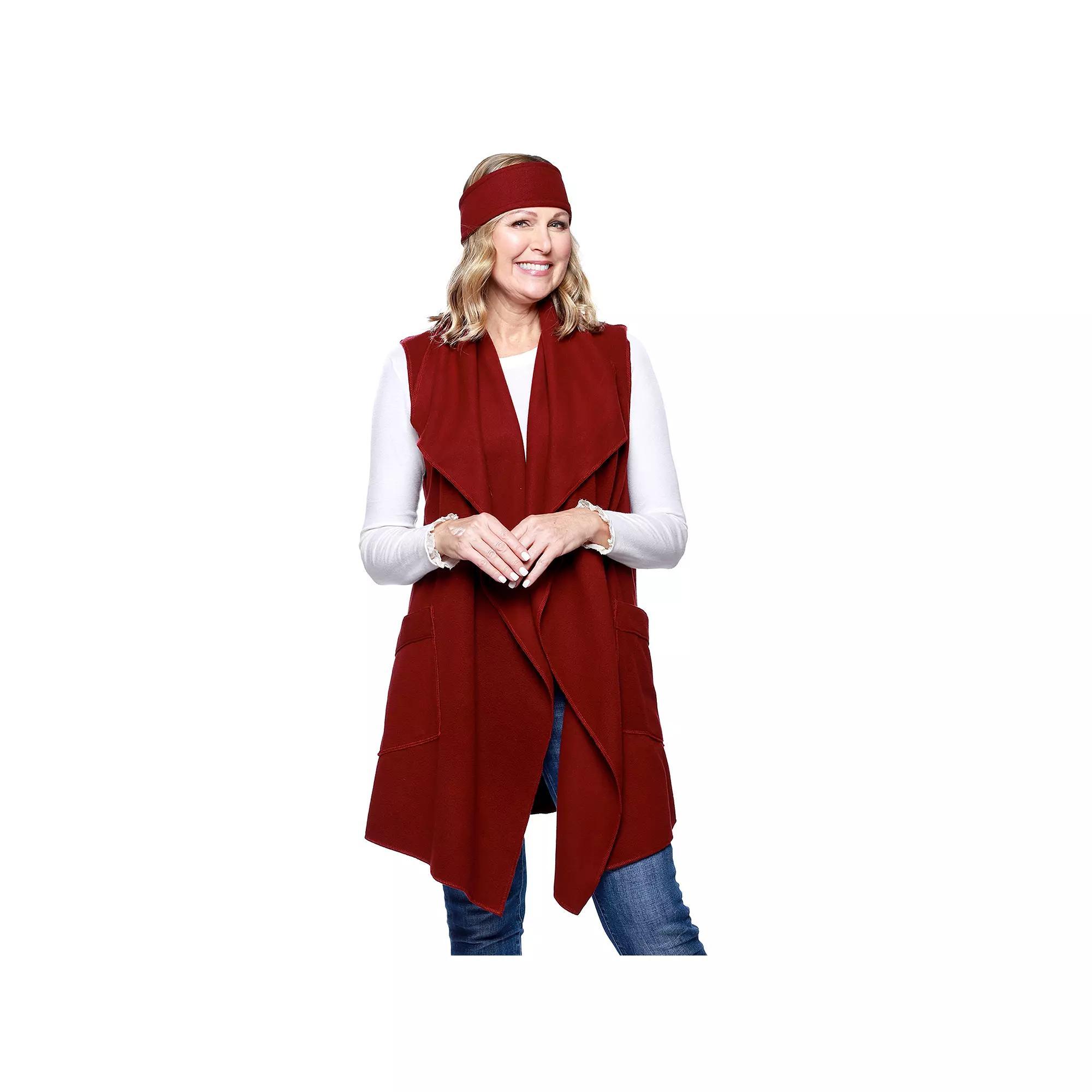 Womens Le Moda Solid Knit Fleece Vest with Matching Headband, Red Product Image