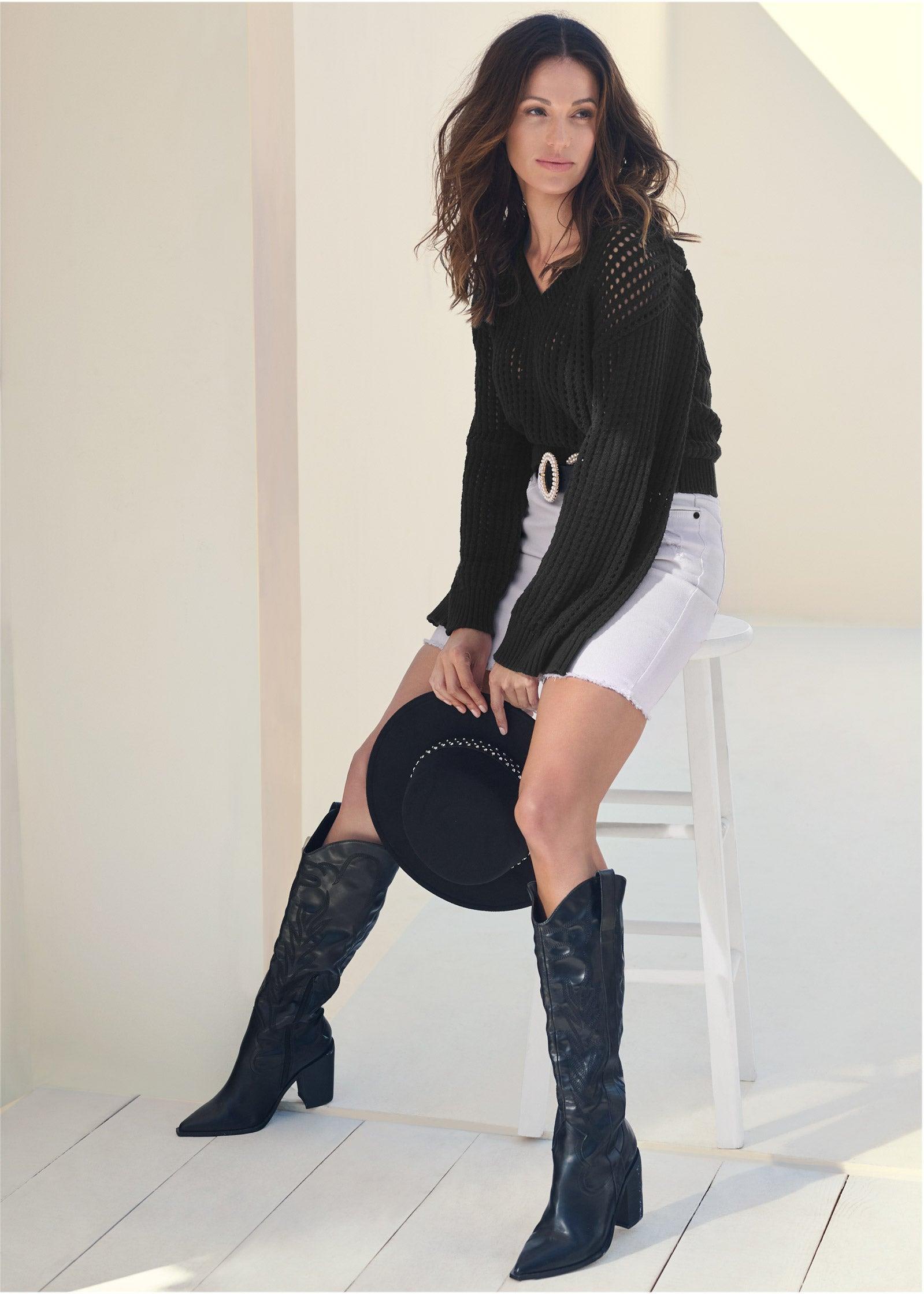 Pointelle Stitch Sweater - Black Product Image