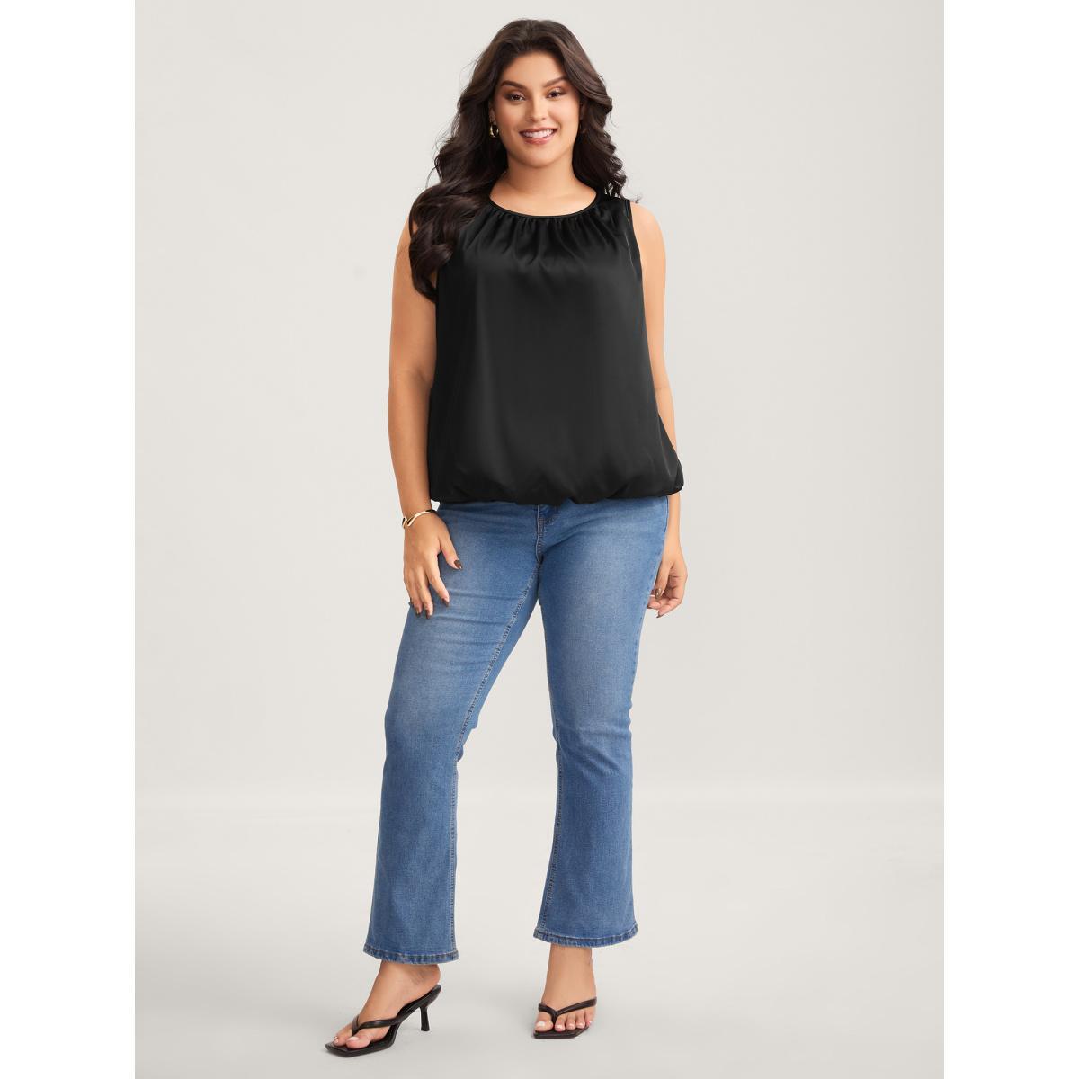 Plus Size Shimmery Pleated Relaxed Fit Top Women Black Gathered Boat Neck Everyday-Elegant Tank Tops Camis BloomChic 28/5X Product Image