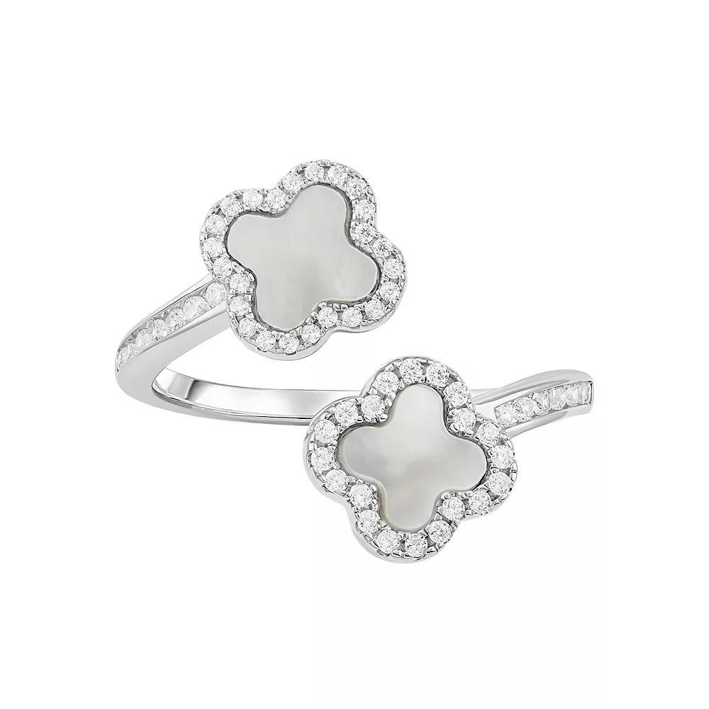 PRIMROSE Fine Silver Plated Cubic Zirconia & Mother-of-Pearl Double Clover Bypass Ring, Women's, Size: 9, Silver Tone Product Image