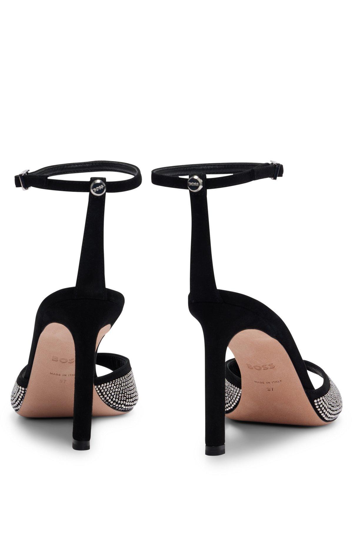BOSS - Suede sandals with crystal studs and buckle - Black Product Image