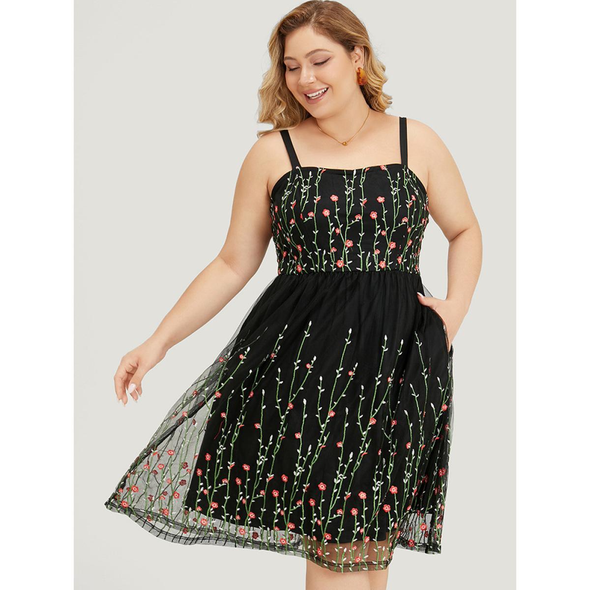 Plus Size Floral Embroidered Mesh Ruffle Hem Pocket Cami Dress Black Women Glamour Adjustable Straps Spaghetti Strap Sleeveless Curvy Knee Dress BloomChic 22-24/3X Product Image