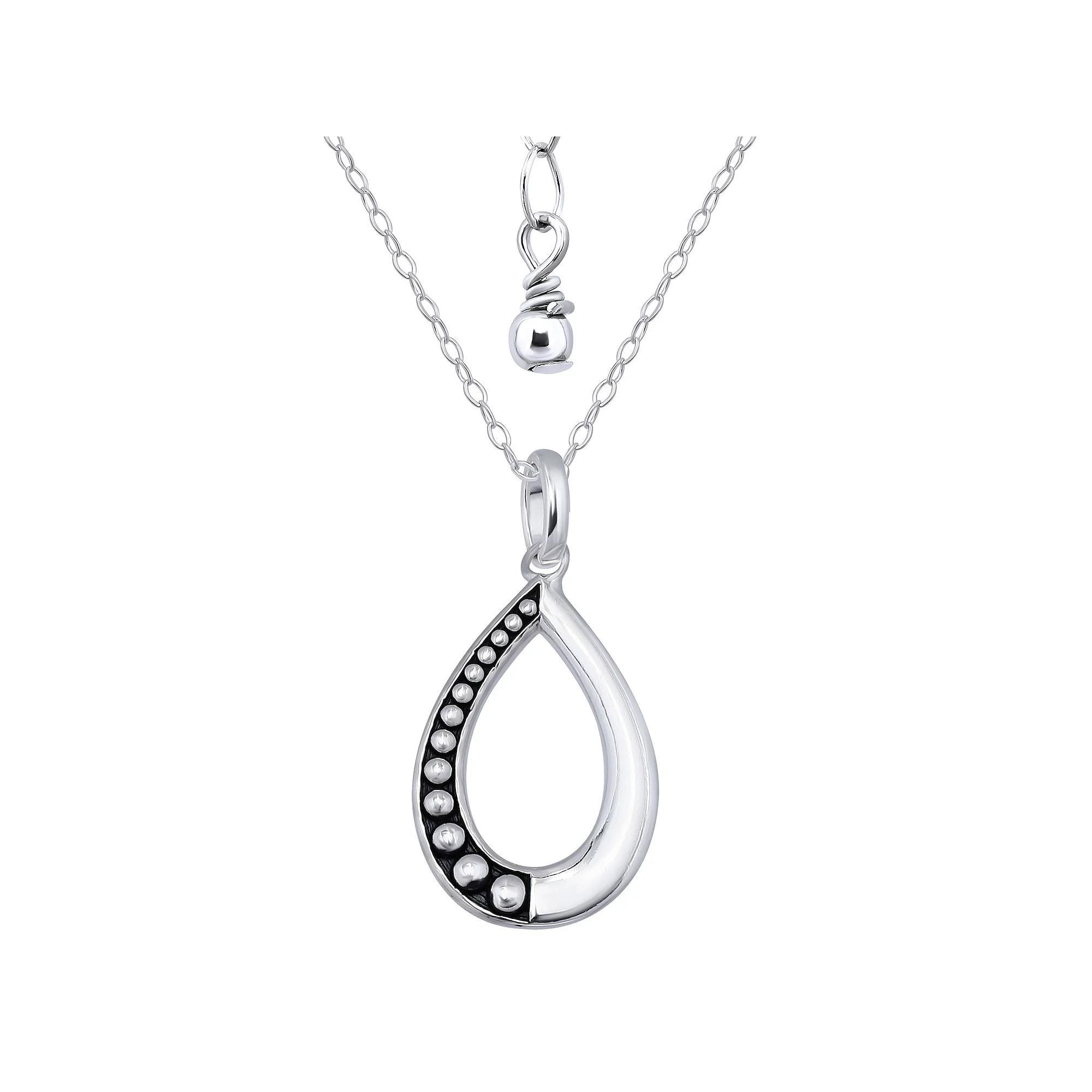 Aleure Precioso Sterling Silver 1/2 Beaded & 1/2 Polished Open Teardrop Pendant Necklace, Women's, Size: 16-18" ADJ Product Image