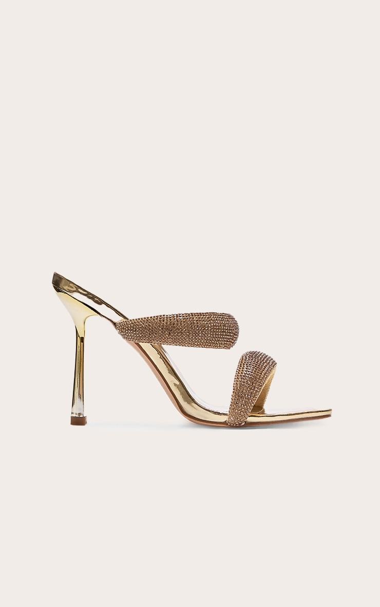 Gold Metallic Square Toe Diamante Padded Strap Heeled Sandals Product Image