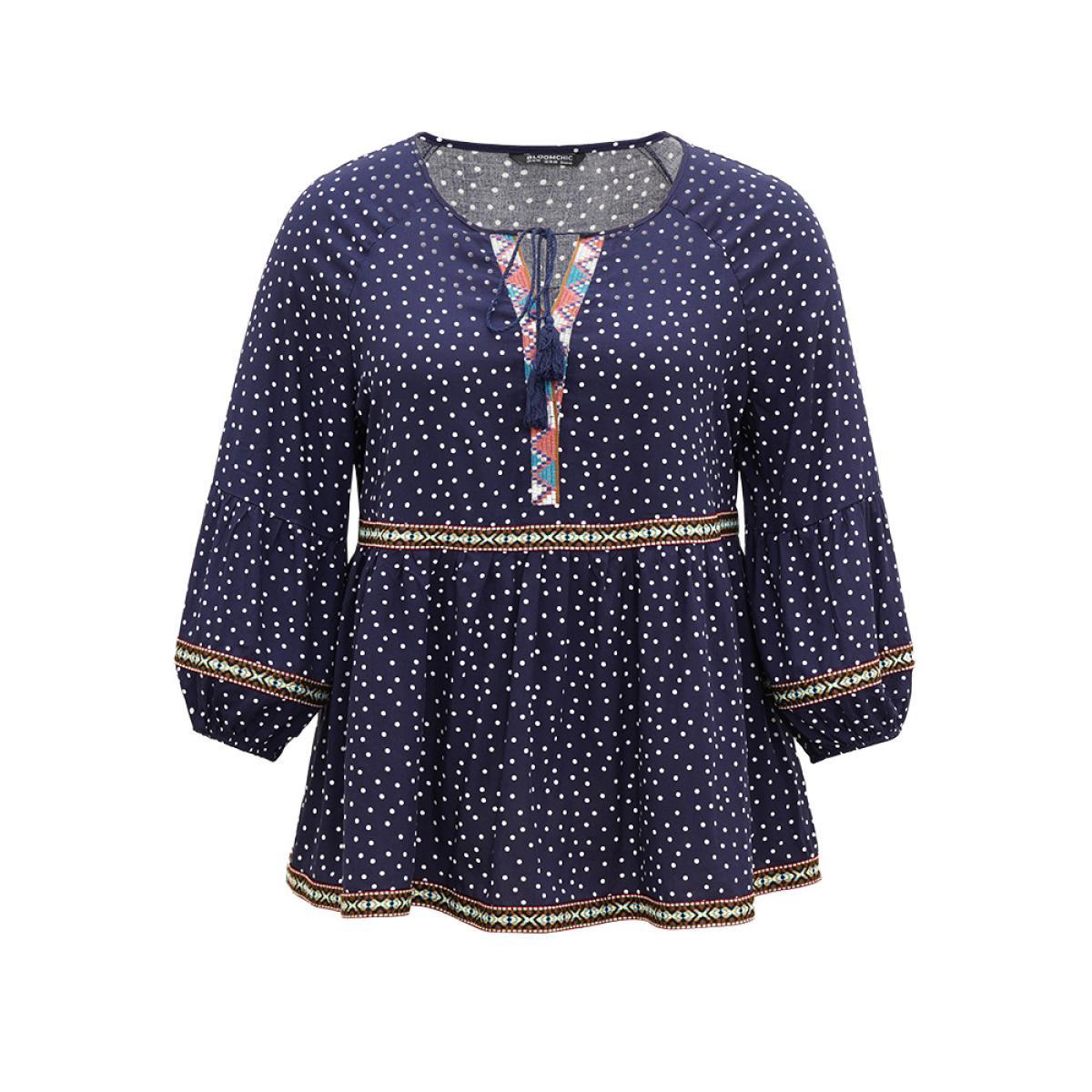 Plus Size Indigo Polka Dot Bandana Trim Ties Blouse Women Resort Long Sleeve Tie Neck Vacation Blouses BloomChic 30/6X Product Image