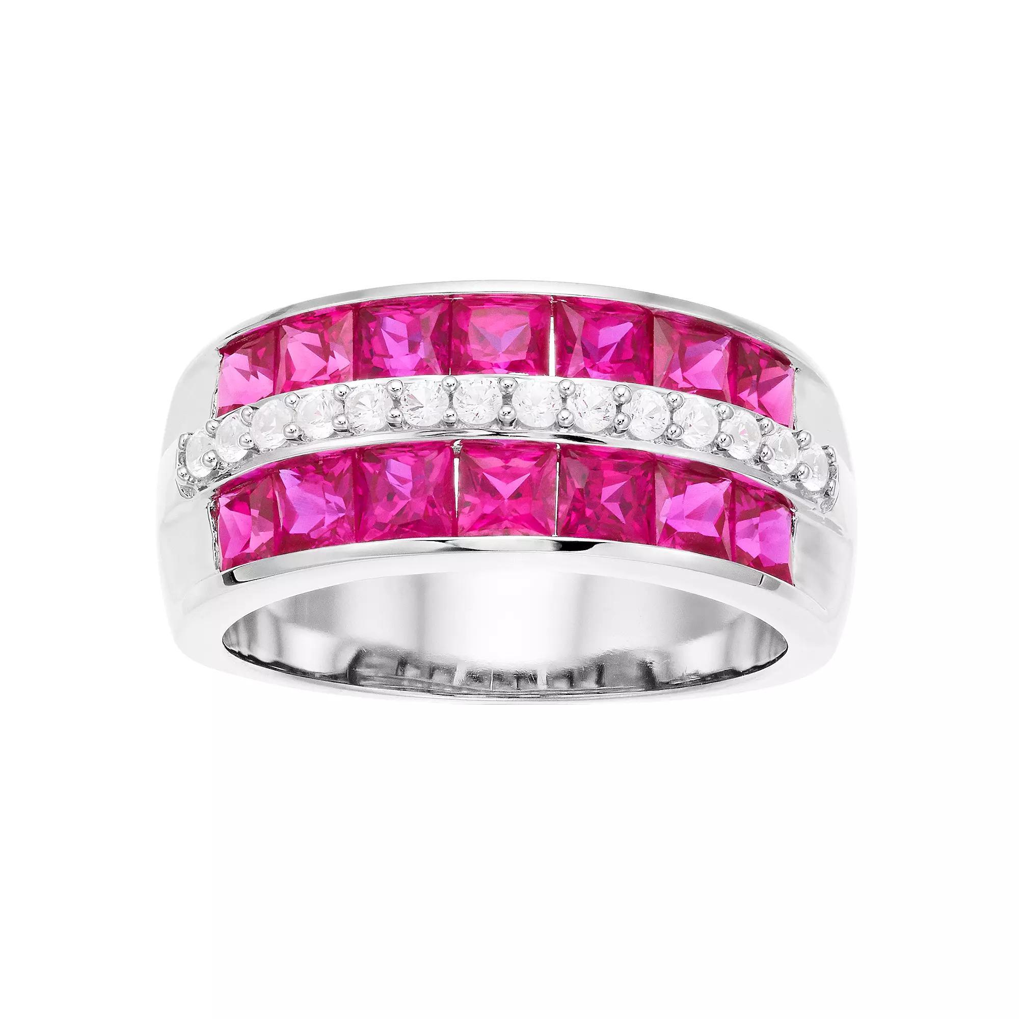 Sterling Silver Three-Row Gemstone Ring, Women's, Size: 7, Silvertone Product Image