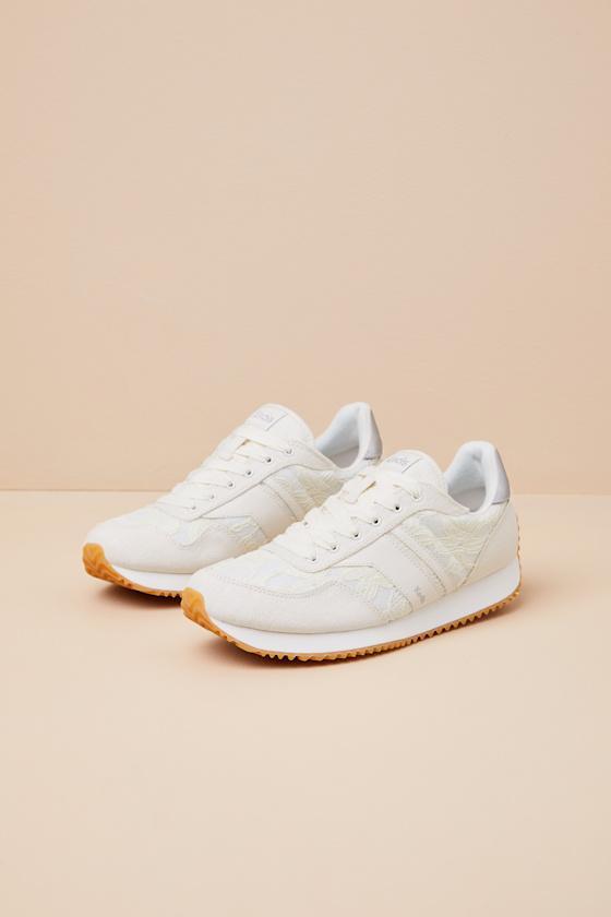 Rena Egret and Cream Floral Lace Lace-Up Sneakers Product Image