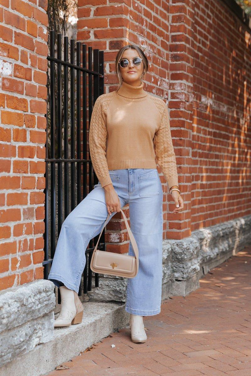 Camel Cable Knit Sleeve Turtleneck Sweater - FINAL SALE Female Product Image