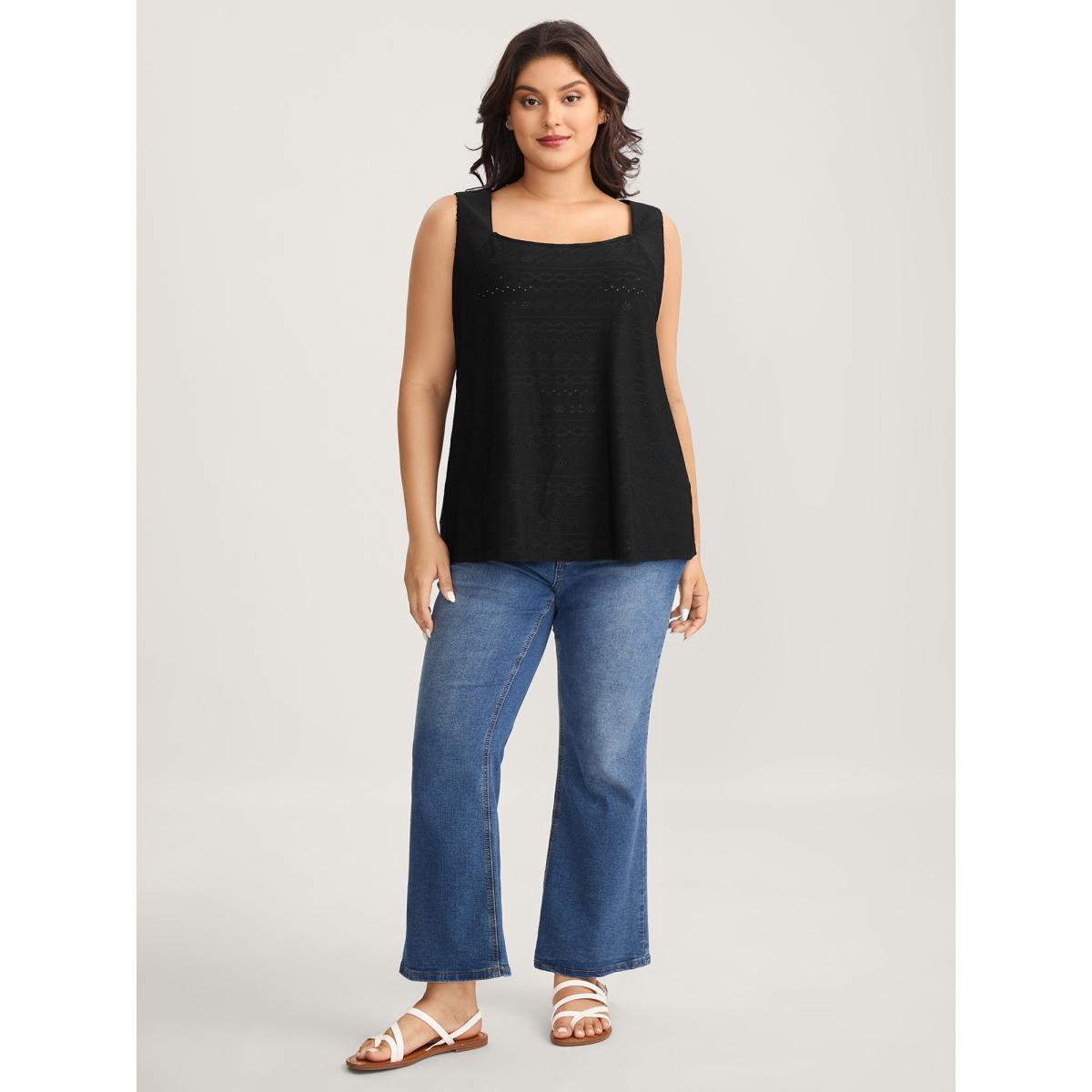 Plus Size Jacquard Eyelet Trim Backless Tank Top Women Black Woven ribbon&lace trim U-neck Everyday-Casual Tank Tops Camis BloomChic 14-16/1X Product Image