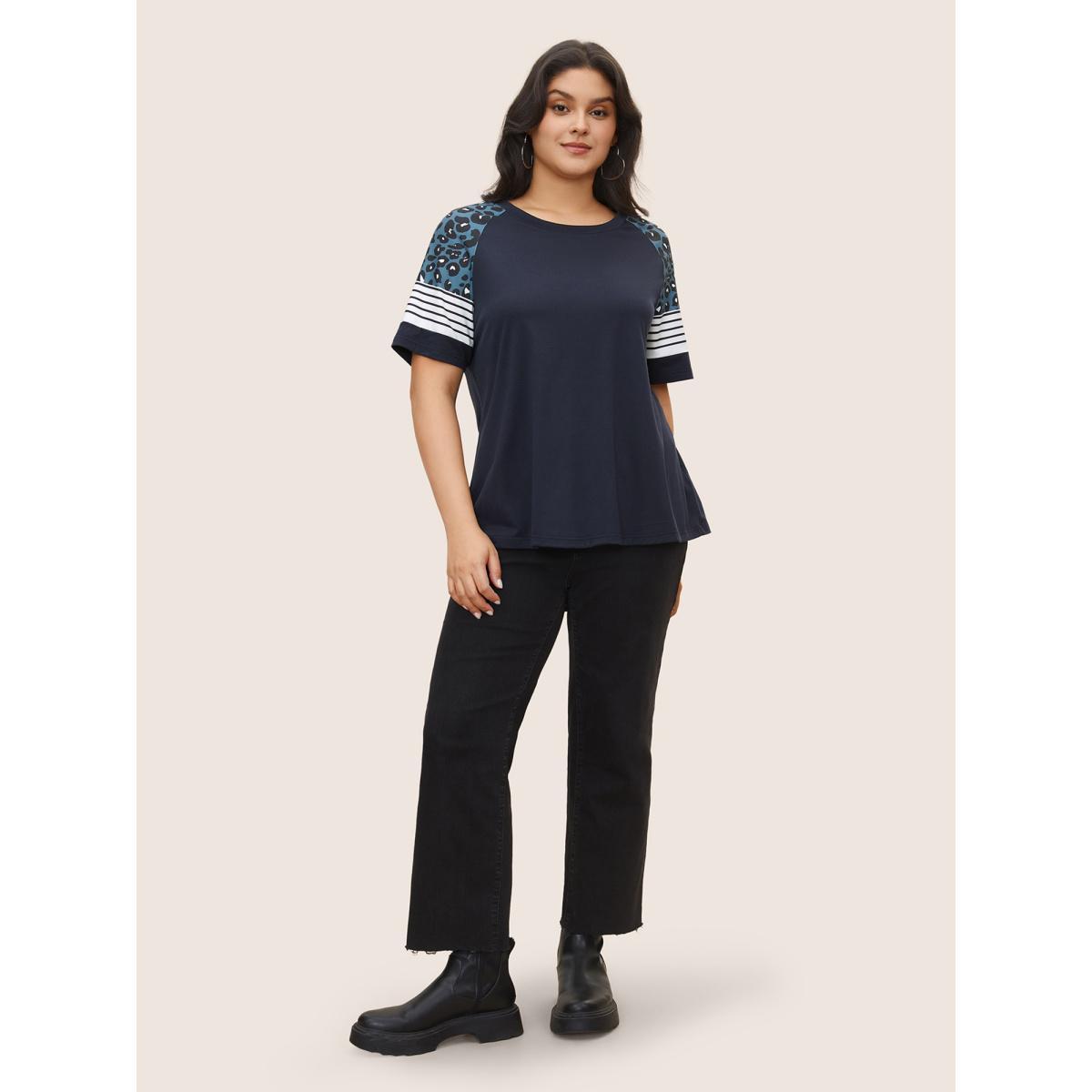 Plus Size Stripes Leopard Patchwork Raglan Sleeve T-shirt Midnight Women Casual Contrast Round Neck Everyday T-shirts BloomChic 14-16/1X Product Image