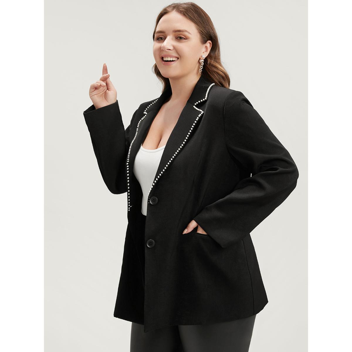 Plus Size Solid Beaded Button Up Flap Pocket Blazer Black Women Work Plain Beaded Sleeve Long Sleeve Suit Collar 30/6X Pocket Office Blazers BloomChic Product Image