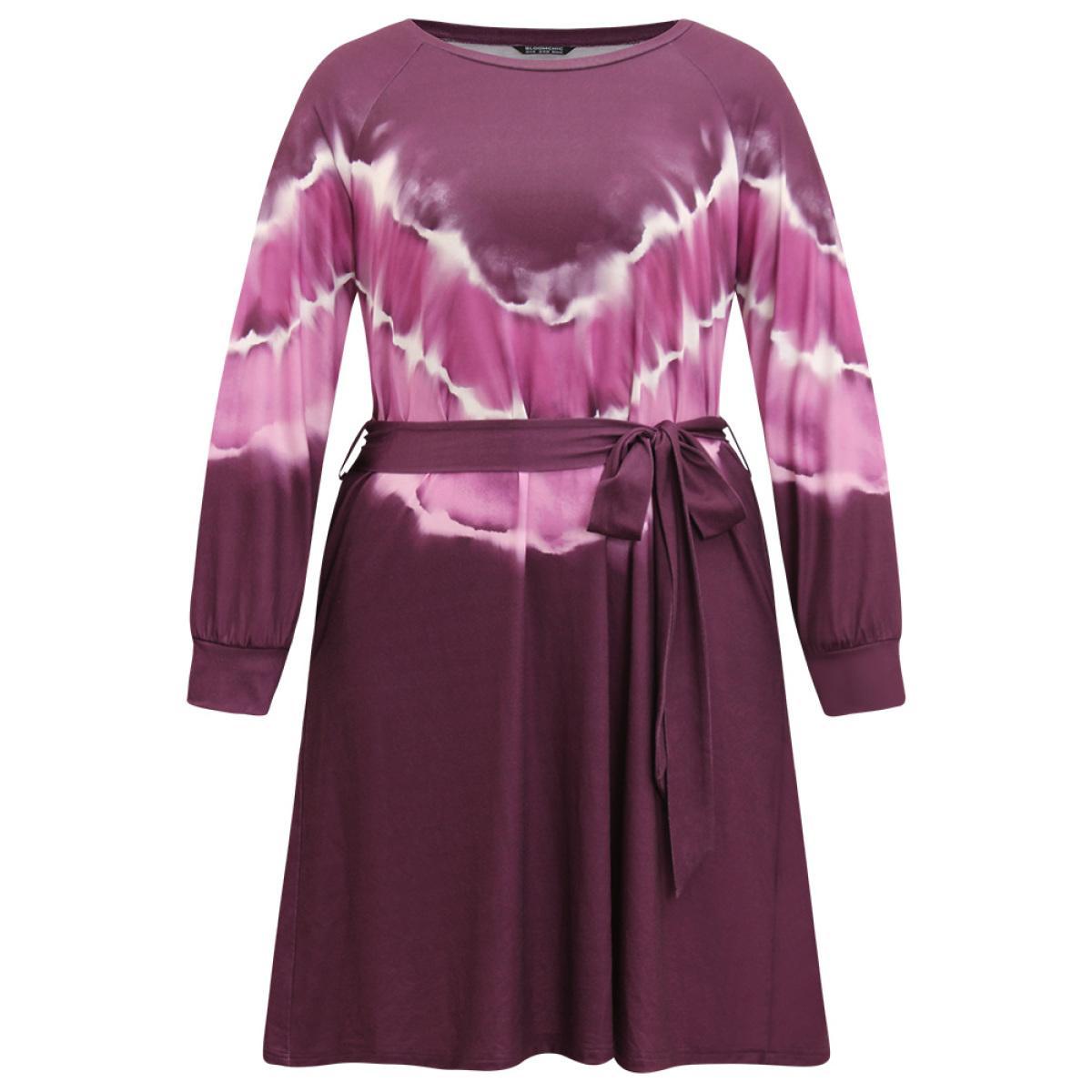Plus Size Tie Dye Pocket Round Neck Belted Raglan Sleeve Dress Multicolor Women Casual Belted Round Neck Long Sleeve Curvy Knee Dress BloomChic 22-24/3X Product Image