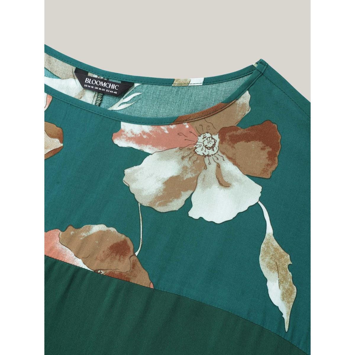 Plus Size Cyan Tropical Floral Print Spliced Blouse Women Elegant Short sleeve Boat Neck Work Blouses BloomChic 12/L Product Image