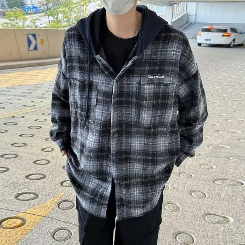 Plaid Drawstring Hooded Button-Up Jacket Product Image