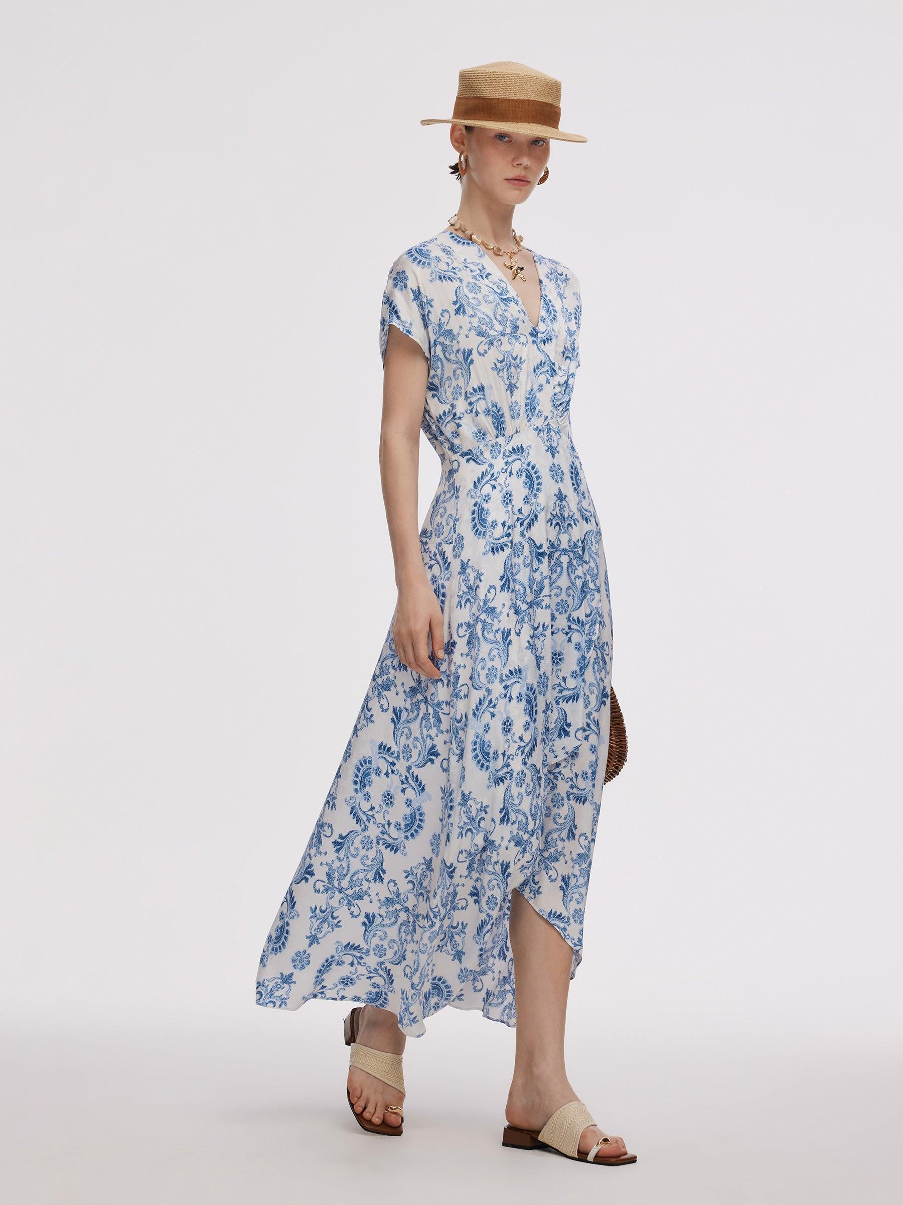 Floral Print Asymmetric Hem Women V-Neck Maxi Dress Product Image