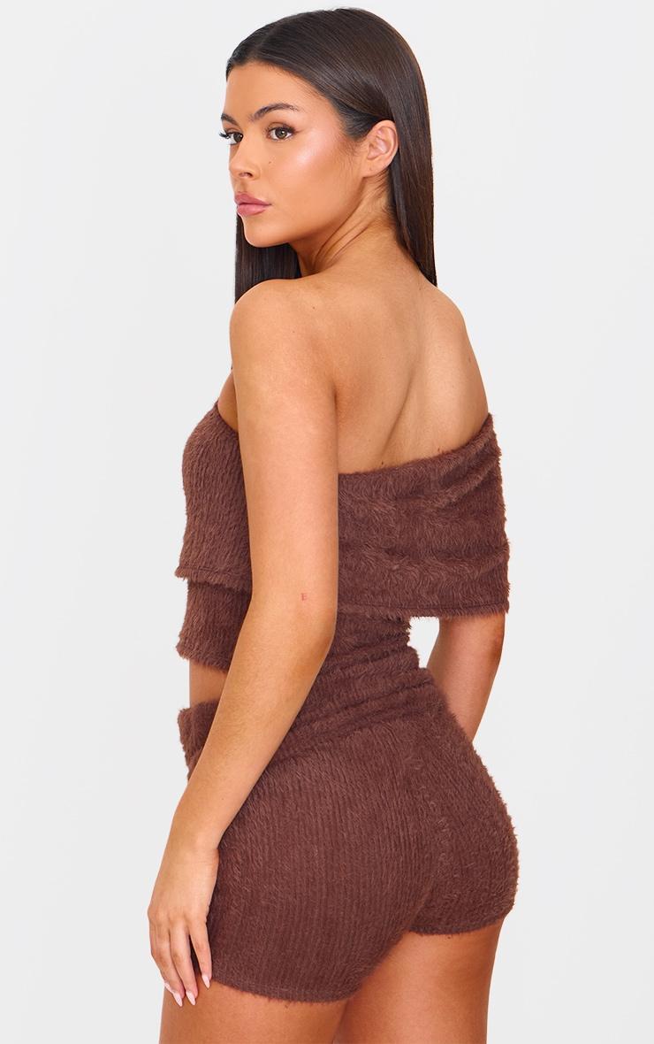 Chocolate Fluffy Textured One Shoulder Top Product Image
