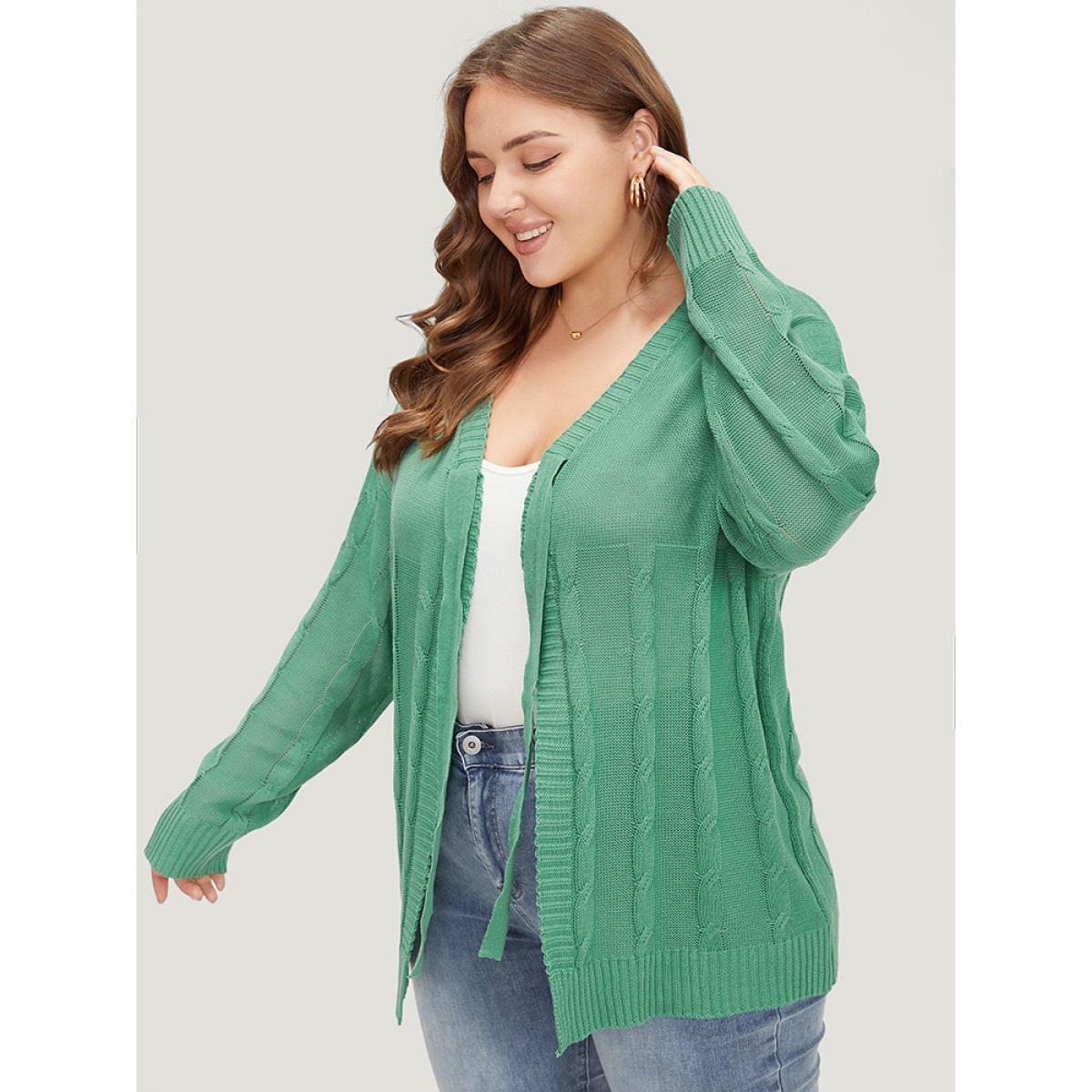 Plus Size Solid Ties Front Cable Knit Cardigan Green Women Casual Long Sleeve Dailywear Cardigans BloomChic 28/5X Product Image