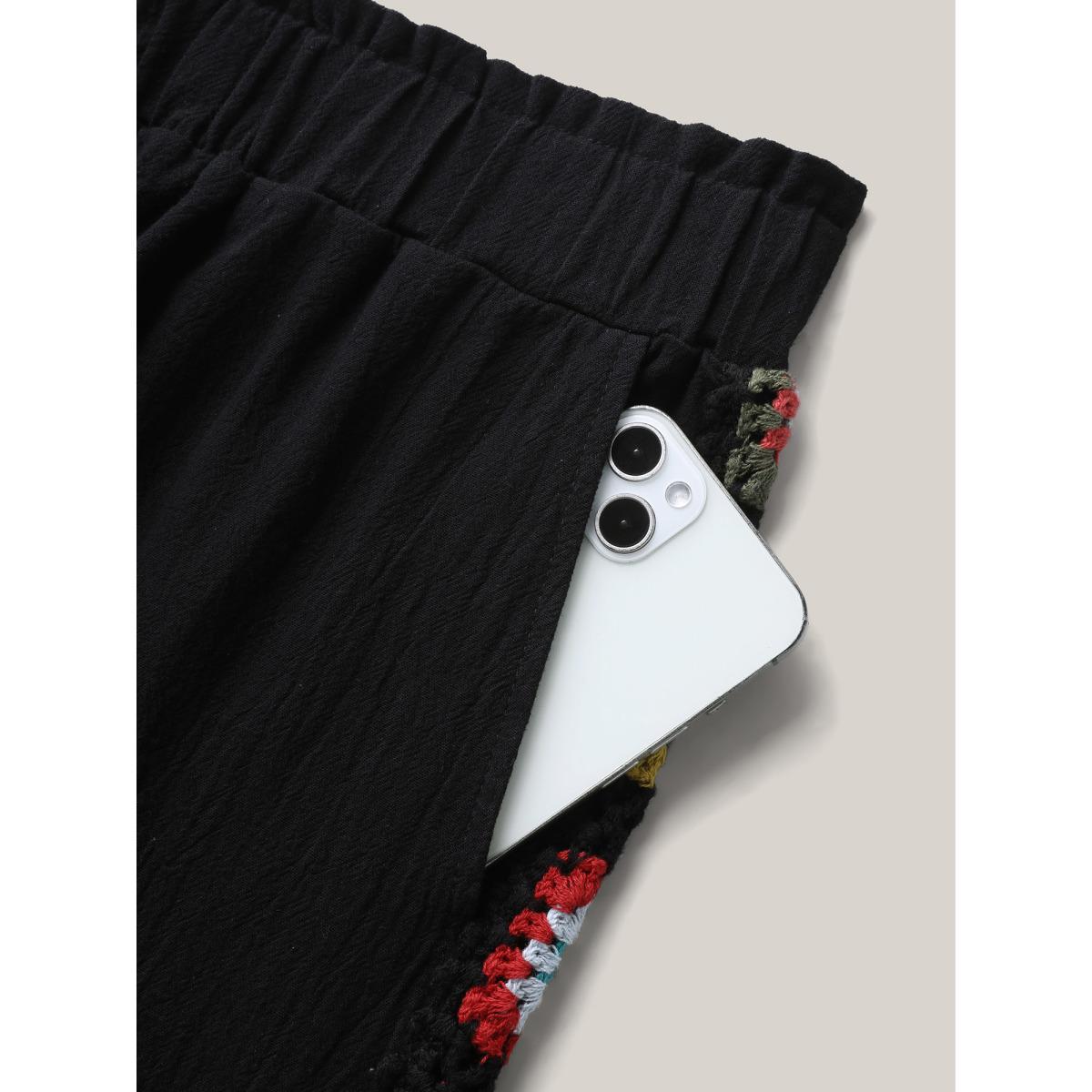 Plus Size Shirred Waist Wide-Leg Spliced Pants Women Black Resort Wide Leg Mid Rise Vacation Pants BloomChic 12/L Product Image