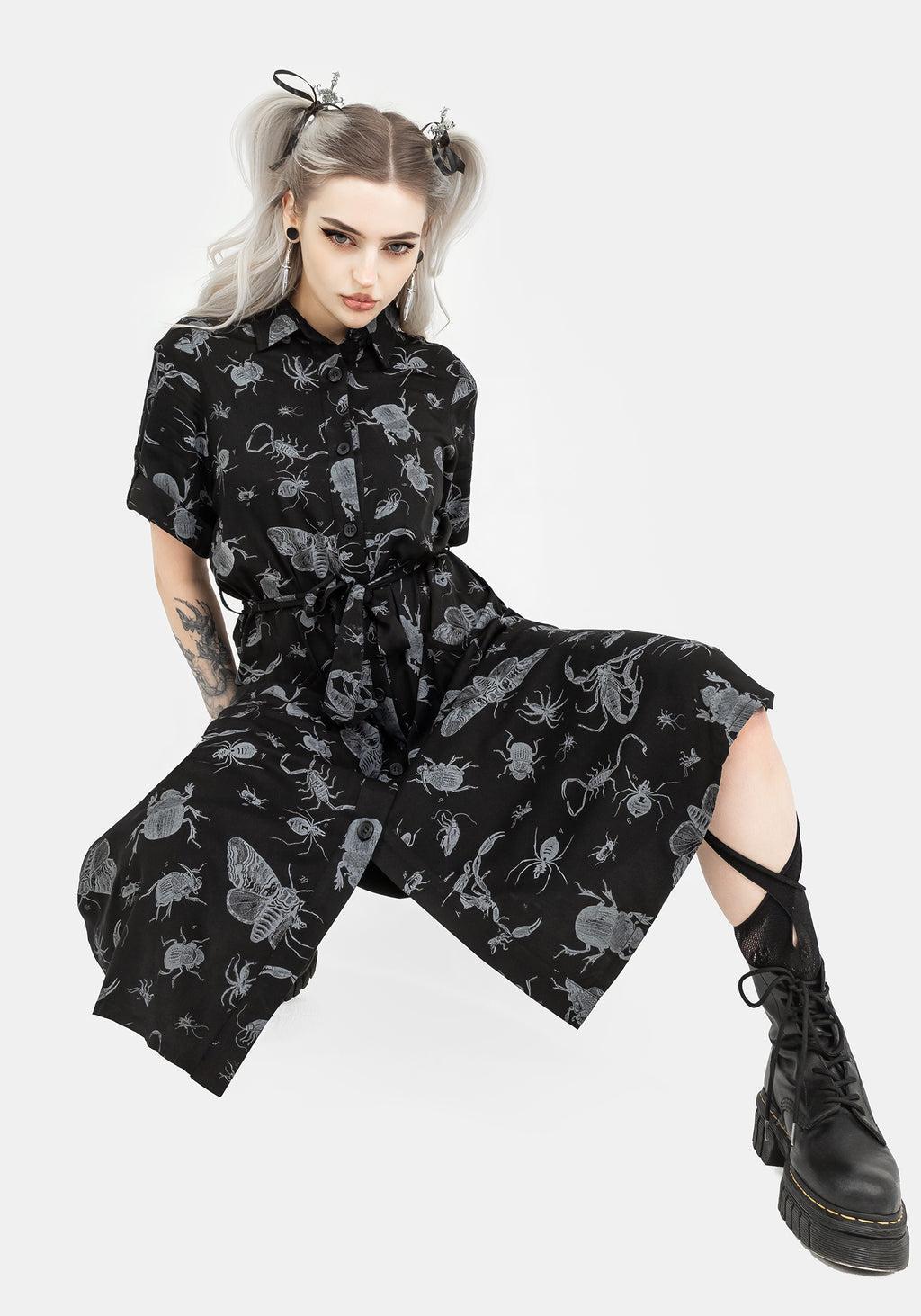 Parasite Bugs Short Sleeve Midi Shirt Dress - Black Product Image