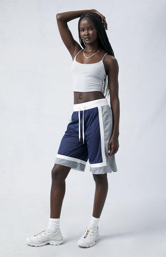 Women's Colorblock Longline Basketball Shorts in Navy/White - Product Image