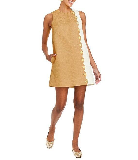 Mestiza New York Etta Floral Swirl Tonal Jacquard Color Block Side Scallop Button Trim Mini Shift Dress Product Image