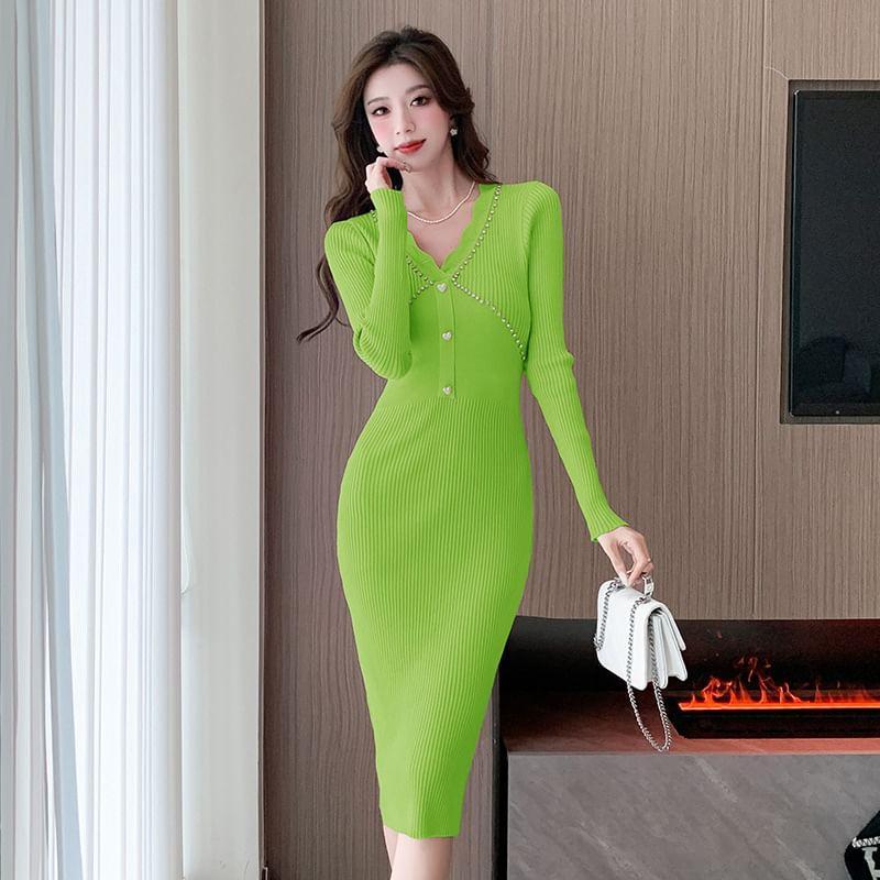 Long Sleeve V-Neck Plain Rhinestone Button Ribbed Knit Midi Sheath Dress Product Image