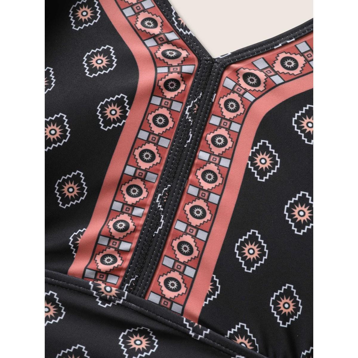 Plus Size V Neck Bandana Print Drawstring Swim Top Women's Swimwear Black Beach Tie knot High stretch Skinny V-neck Curve Swim Tops BloomChic 26/4X Product Image