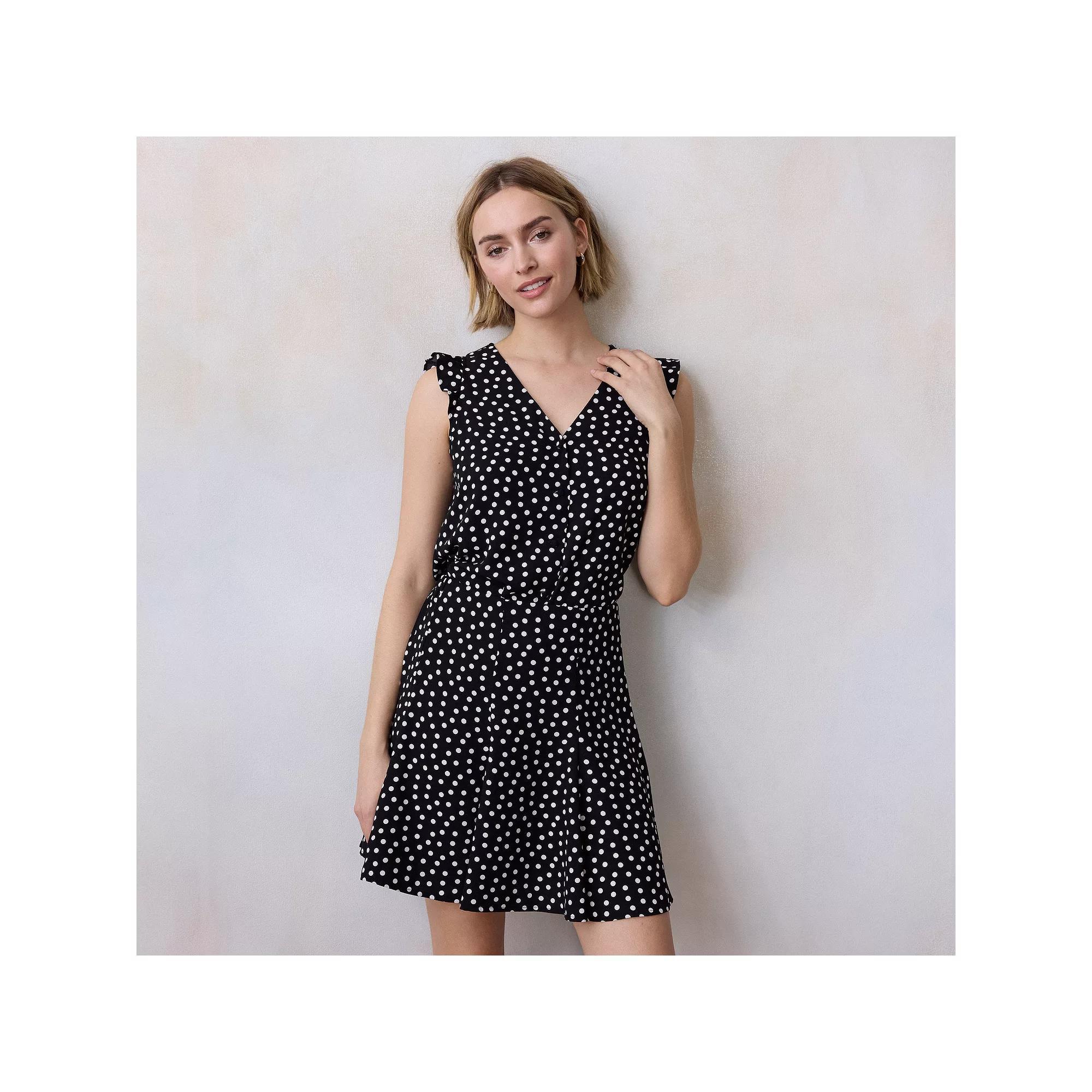 Women's LC Lauren Conrad Ruffle Shoulder V-Neck Tank, Size: Medium, Black Cheery Dot Product Image
