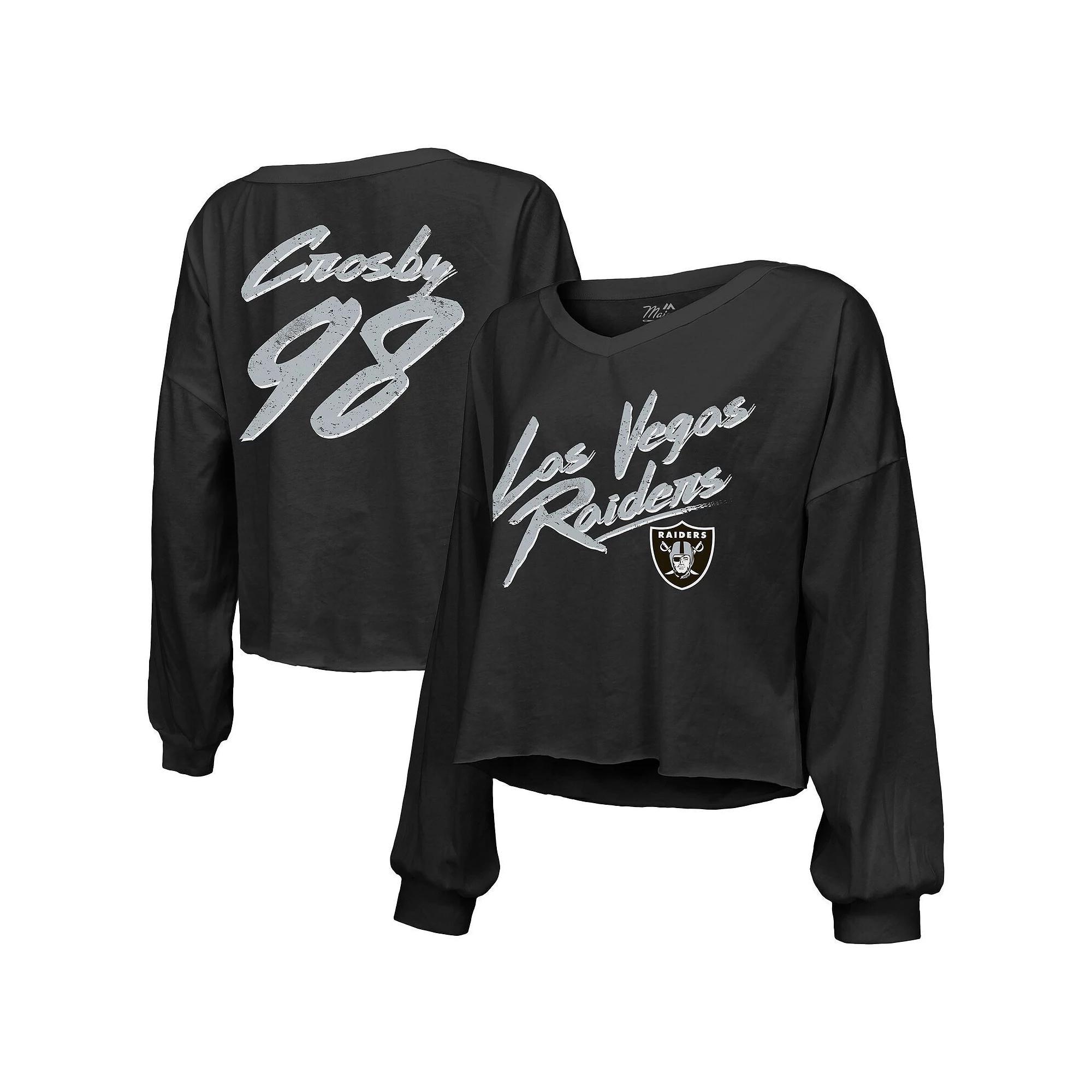 Women's Majestic Threads Maxx Crosby Black Las Vegas Raiders Off-Shoulder Script Player Name & Number Cropped Long Sleeve V-Neck T-Shirt, Size: Large, Lvr Black Product Image