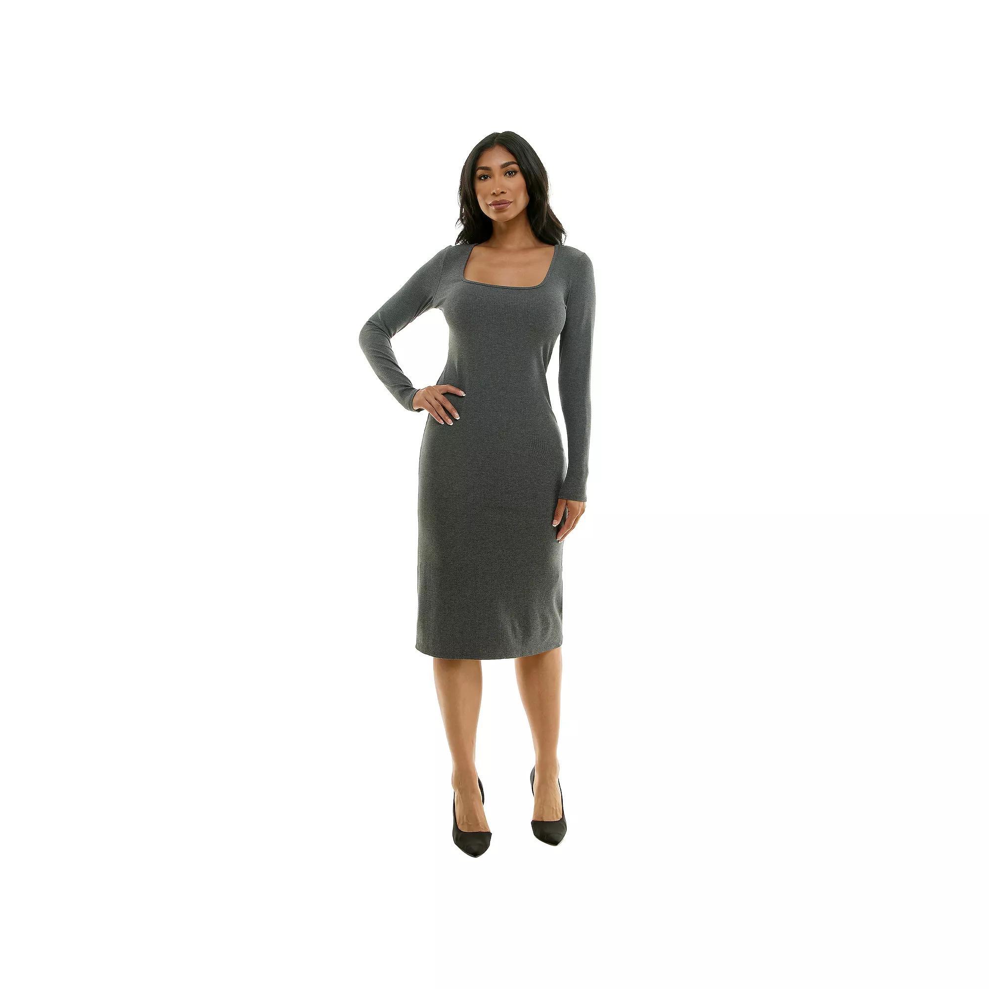 Women's bebe Square Neck Long Sleeve Ribbed Midi Dress, Size: Medium, Grey Product Image