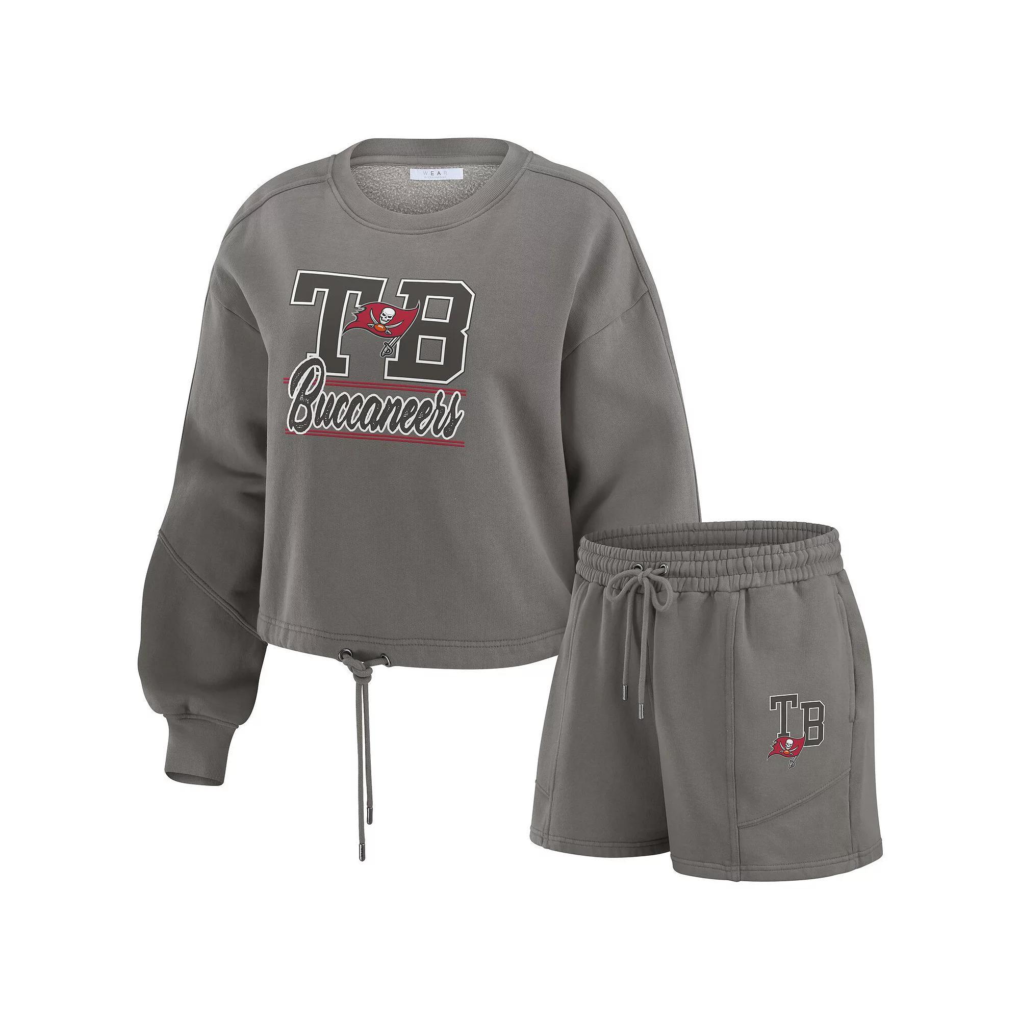 Women's WEAR by Erin Andrews Navy New England Patriots Washed Fleece Long Sleeve T-Shirt & Shorts Lounge Set, Size: 2XL, Blue Product Image