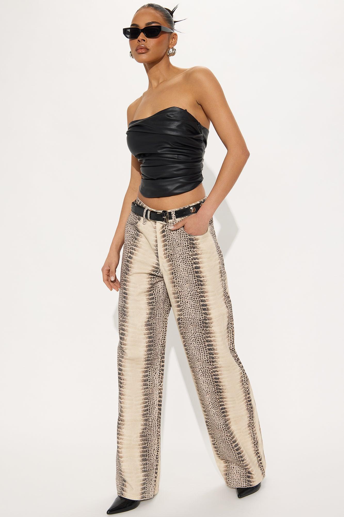 Rattle Me Up High Rise Snake Print Wide Leg Jeans - Beige/Brown Product Image