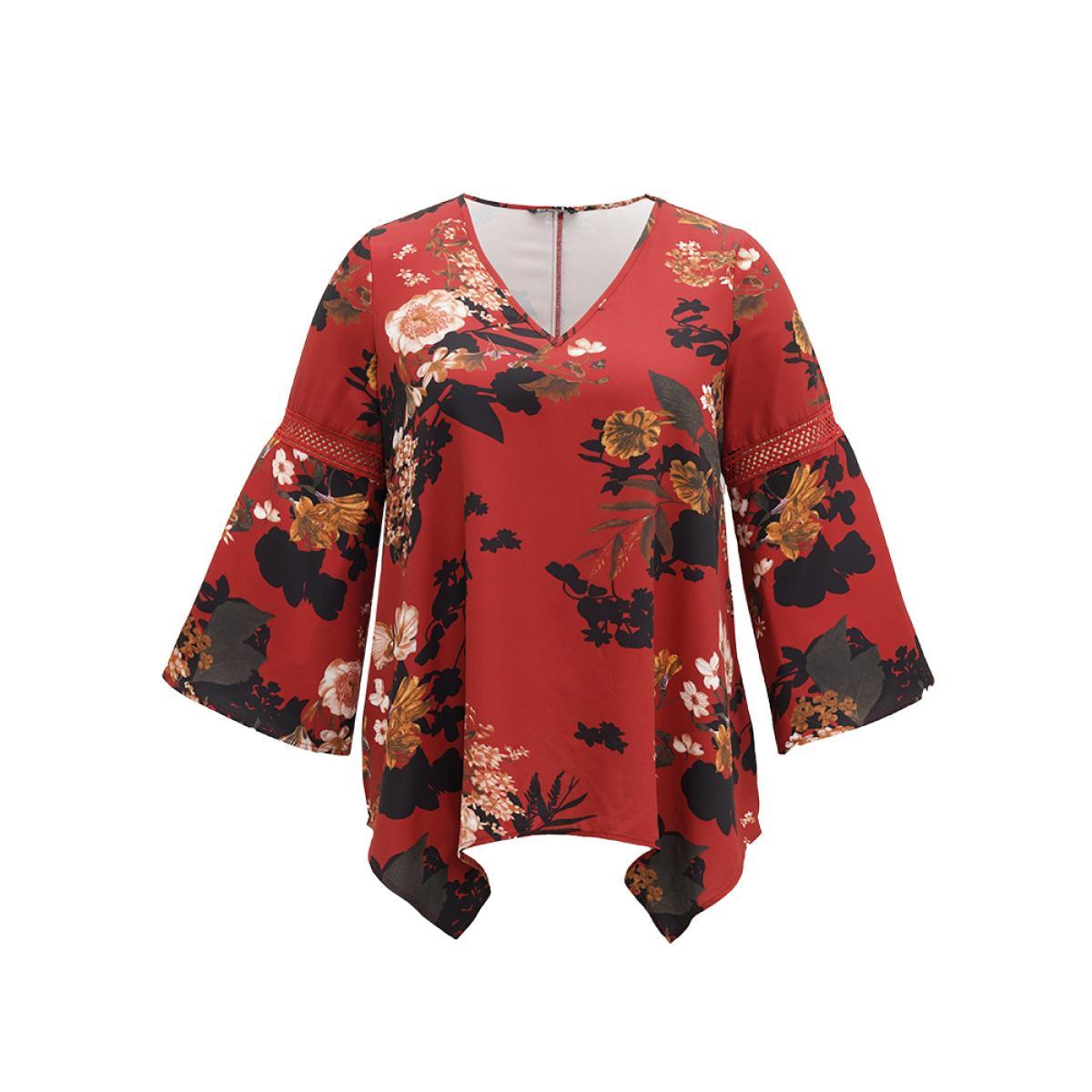 Plus Size Scarlet Floral Lace Panel V Neck Hanky Hem Blouse Women Elegant Long Sleeve V-neck Dailywear Blouses BloomChic 14-16/1X Product Image