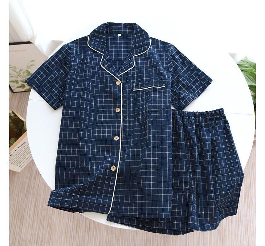 Couple Matching Pajama Set: Short-Sleeve Collared Plaid Top + Elastic Waist Shorts Product Image