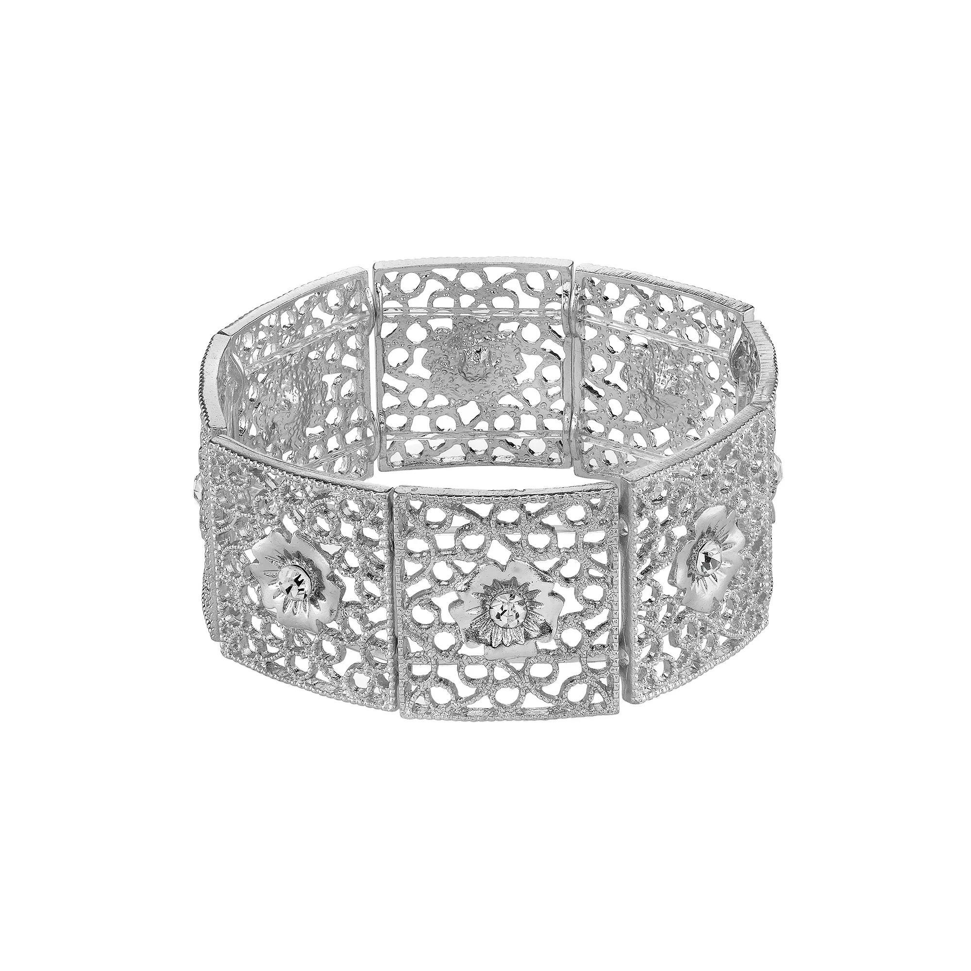 1928 Simulated Crystal Openwork Flower Stretch Bracelet, Womens, Gold Tone Product Image