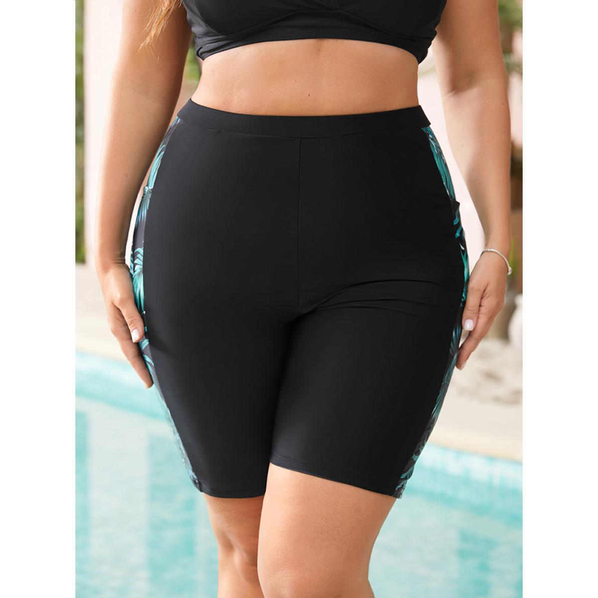 Plus Size Plant Patchwork Pocket Side Swim Shorts Women's Swimwear Black Vacation Patchwork High stretch Skinny High Rise Pocket Curve Swim Bottoms BloomChic 14-16/1X Product Image