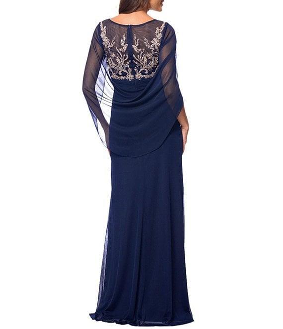 Betsy & Adam Sheer Matte Jersey Boat Neck Short Sleeve Beaded Back Cape Sheath Dress Product Image