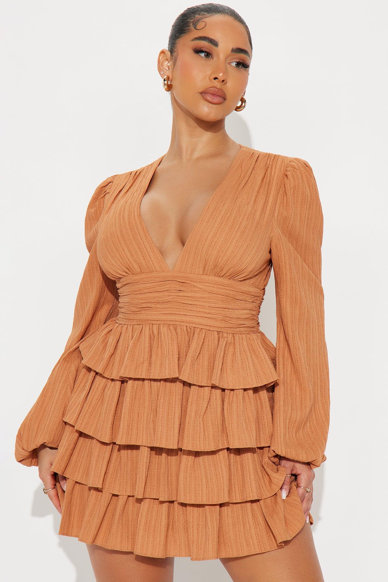 Valeria Textured Ruffle Mini Dress - Rust Product Image