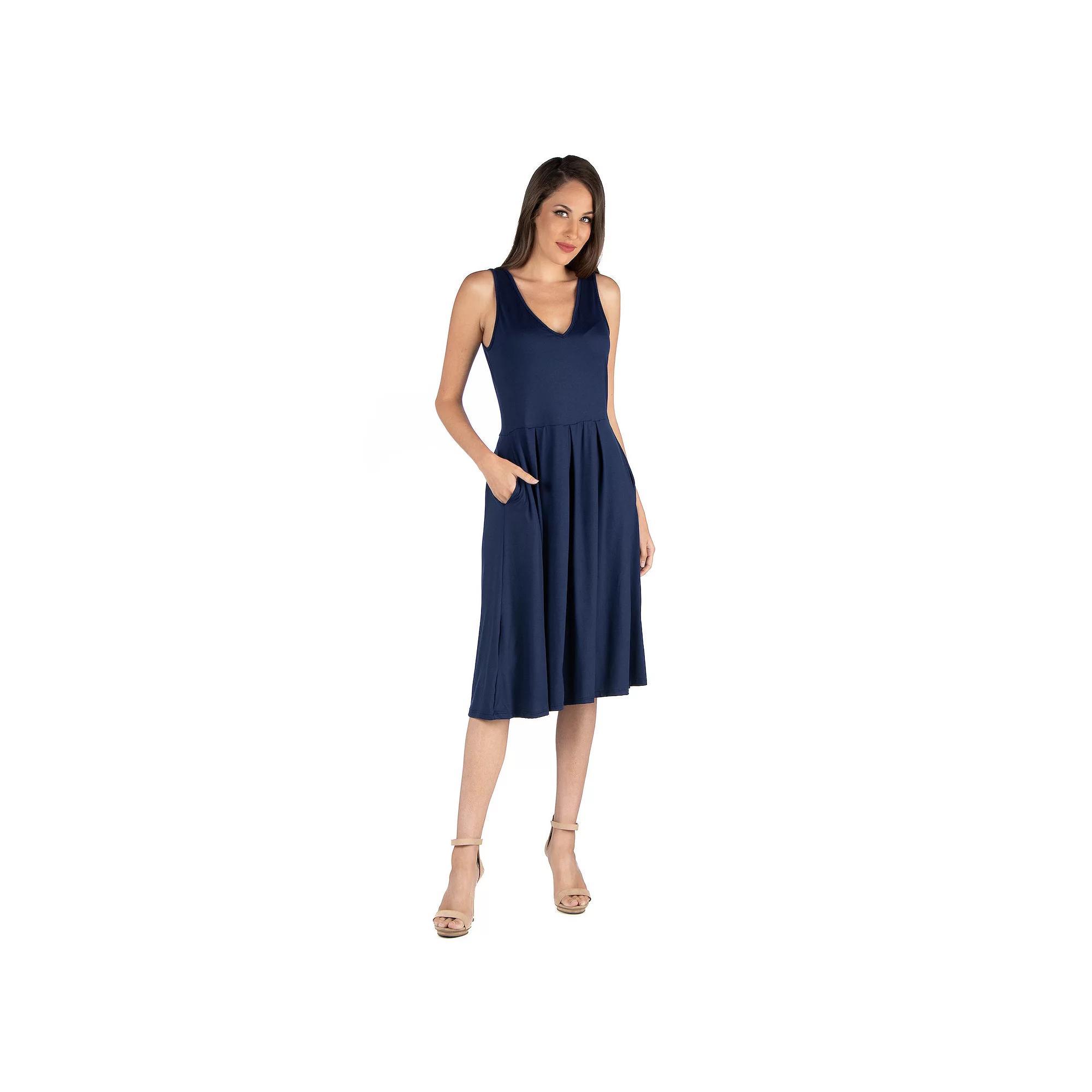Women's 24seven Comfort Apparel Fit And Flare Sleeveless Midi Tank Top Dress with Pockets, Size: 1XL, Turquoise Product Image