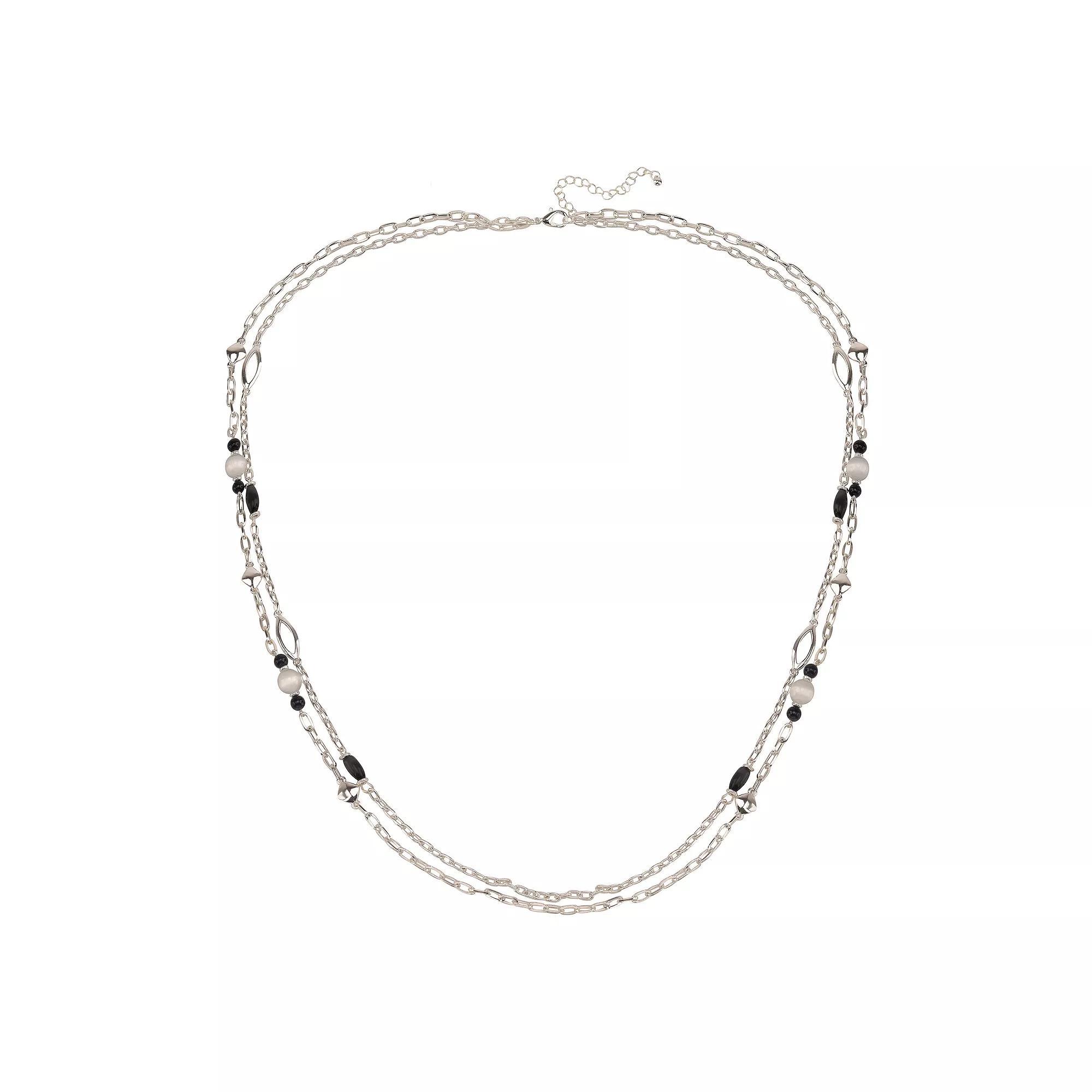 Silver Tone Double Strand Necklace with Black Bead Accents, Women's, None Product Image