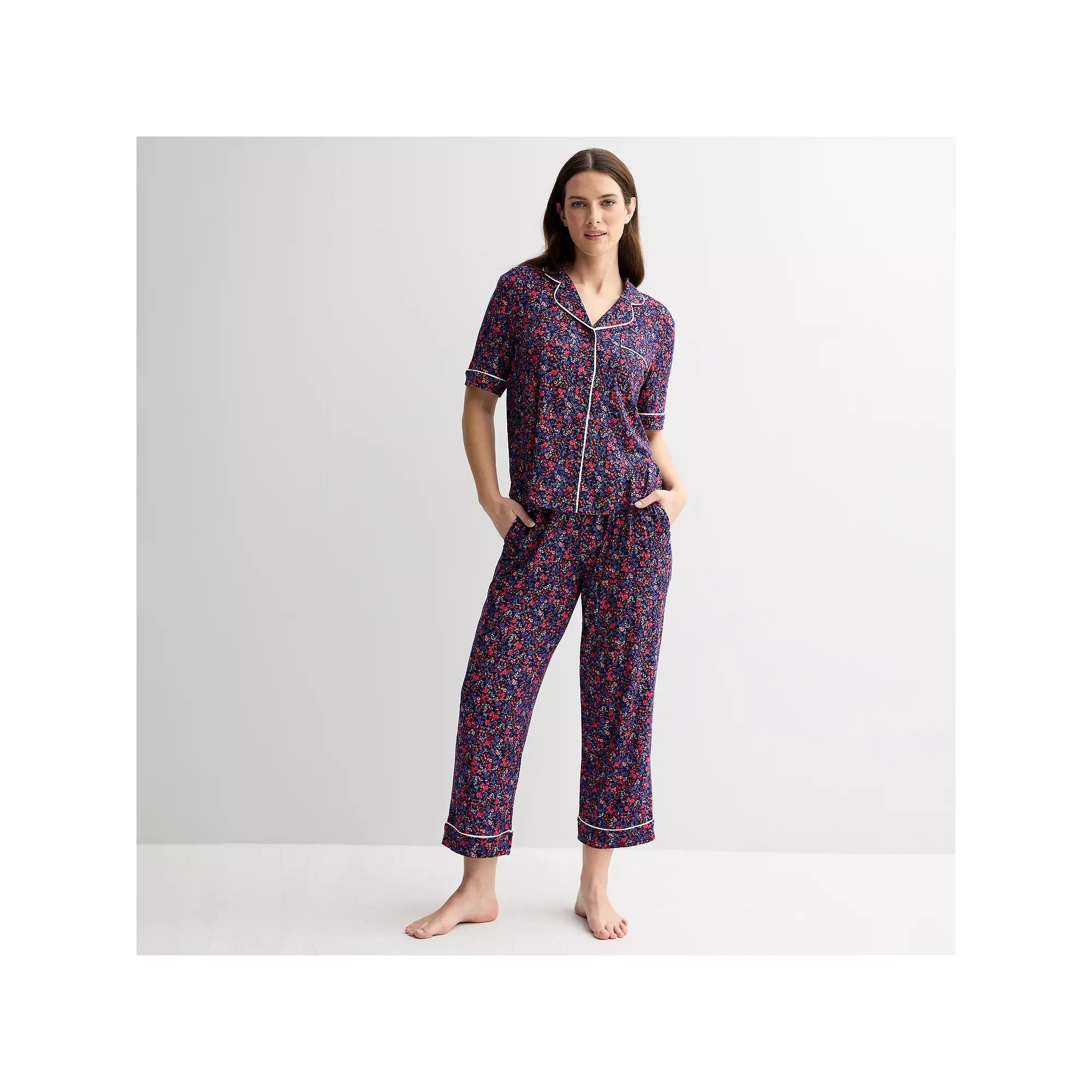 Women's Draper James 2-Piece Cozy Elbow Sleeve Notch Pajama Top and Pajama Pants Set, Size: XS, Blue Field Flower Product Image