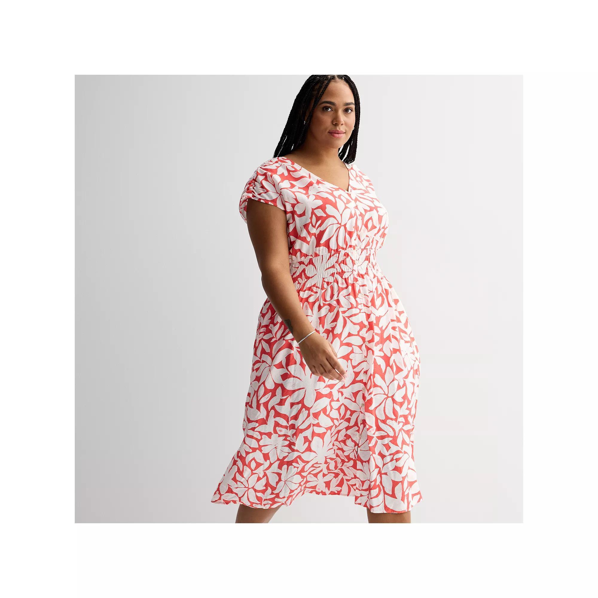 Plus Size Sonoma Goods For Life® Smocked Button-Through Midi Dress, Women's, Size: 1XL, Pink Painted Floral Product Image