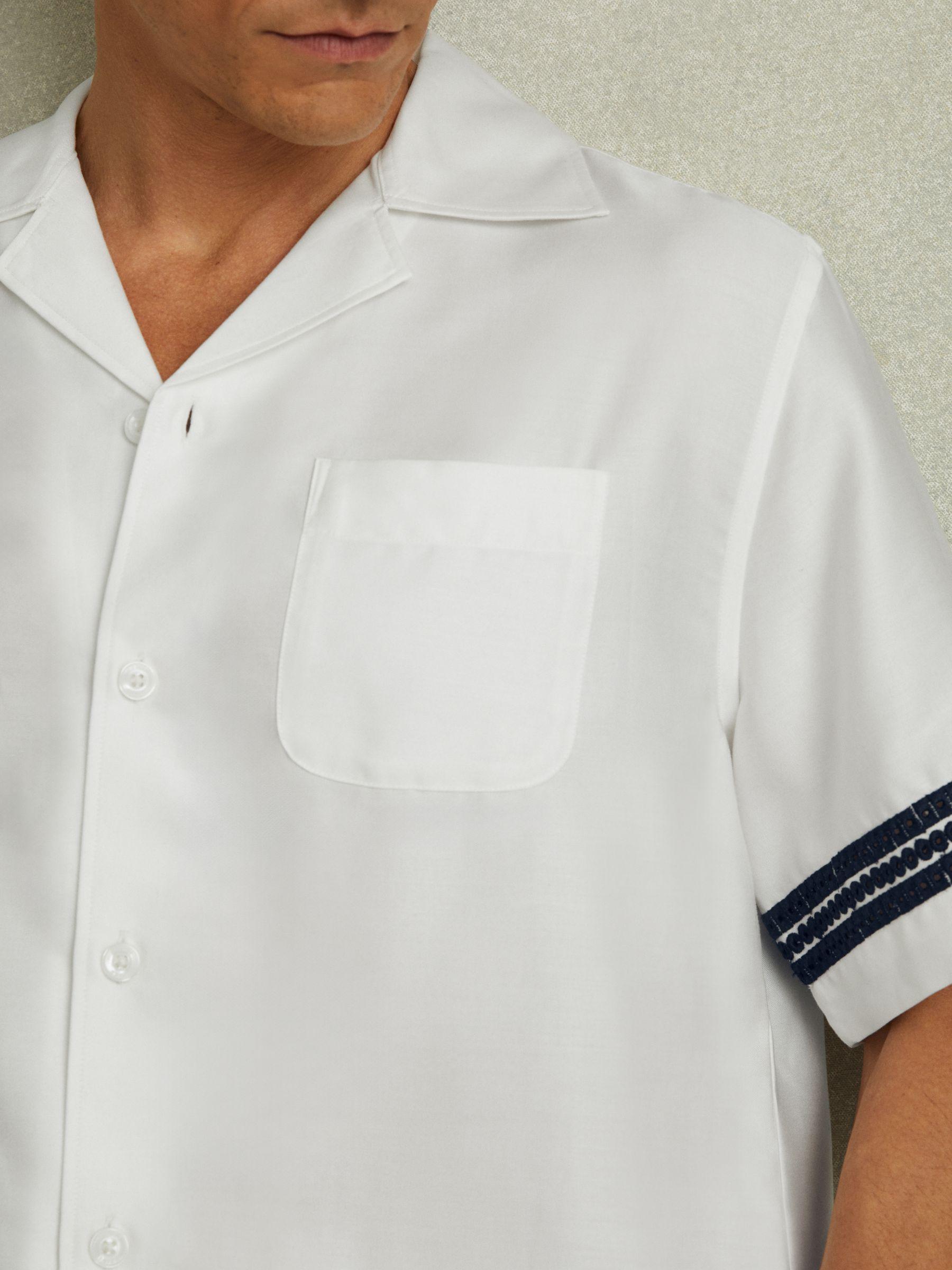 Relaxed Embroidered Trim Cuban Collar Shirt in White/Navy Product Image