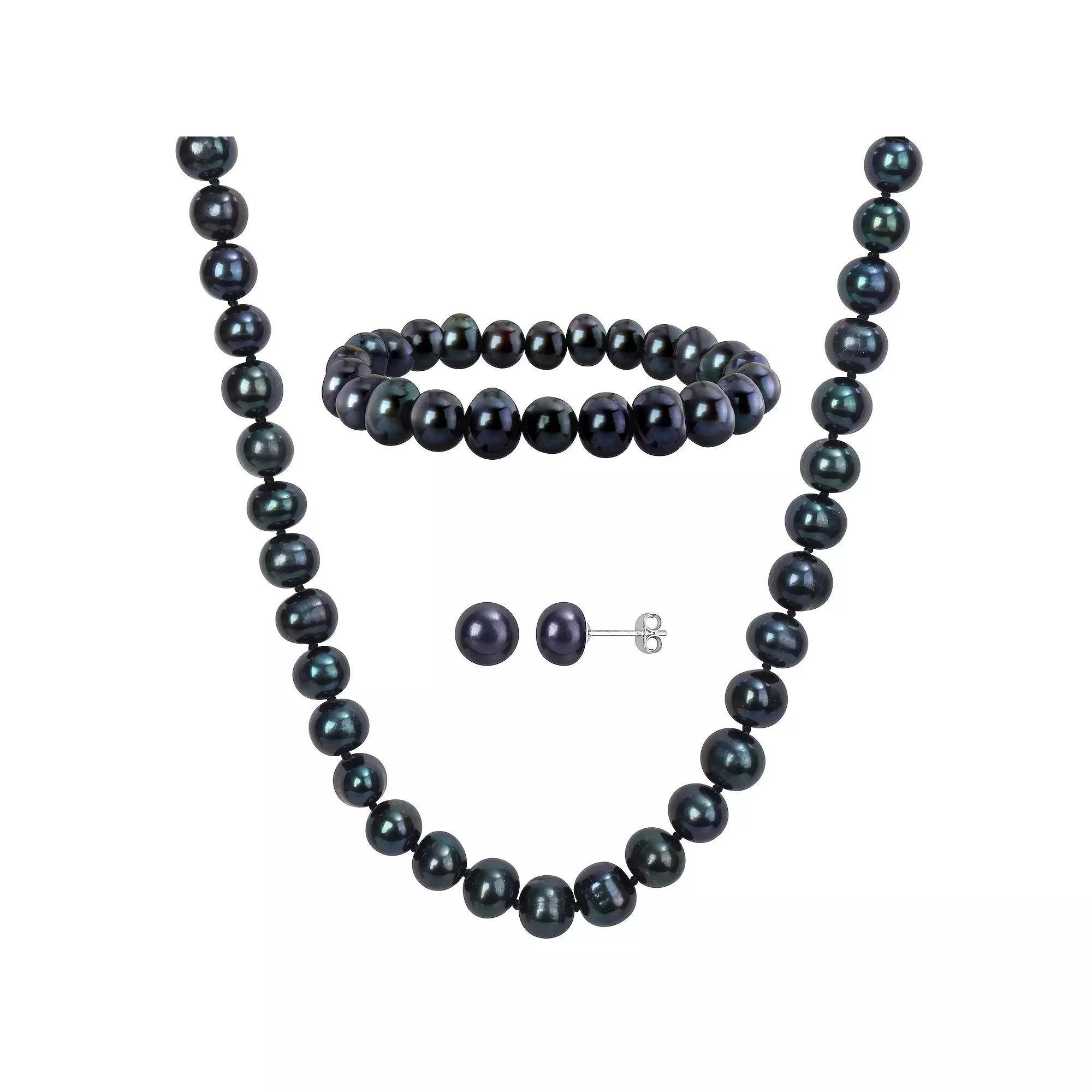 Stella Grace Black Freshwater Cultured Pearl Necklace, Stretch Bracelet & Stud Earrings 3-piece Set, Women's, Size: 18", Sterling Product Image