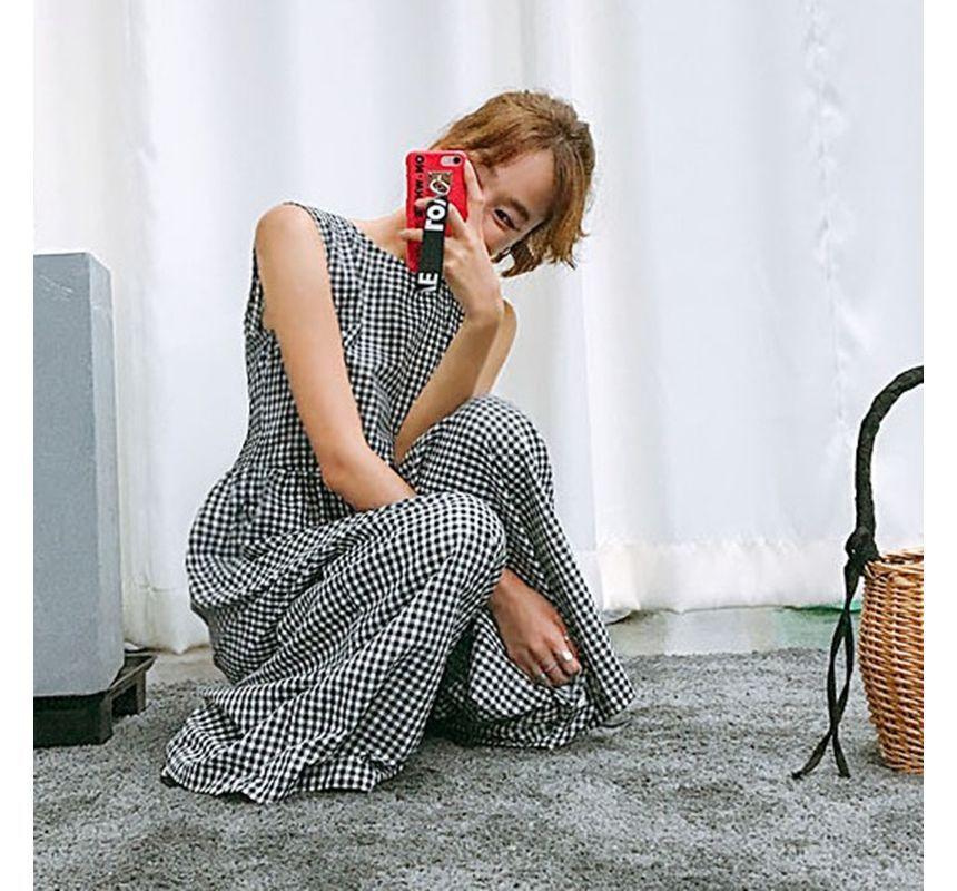 Sleeveless Round Neck Plaid Cropped Wide Leg Jumpsuit Product Image