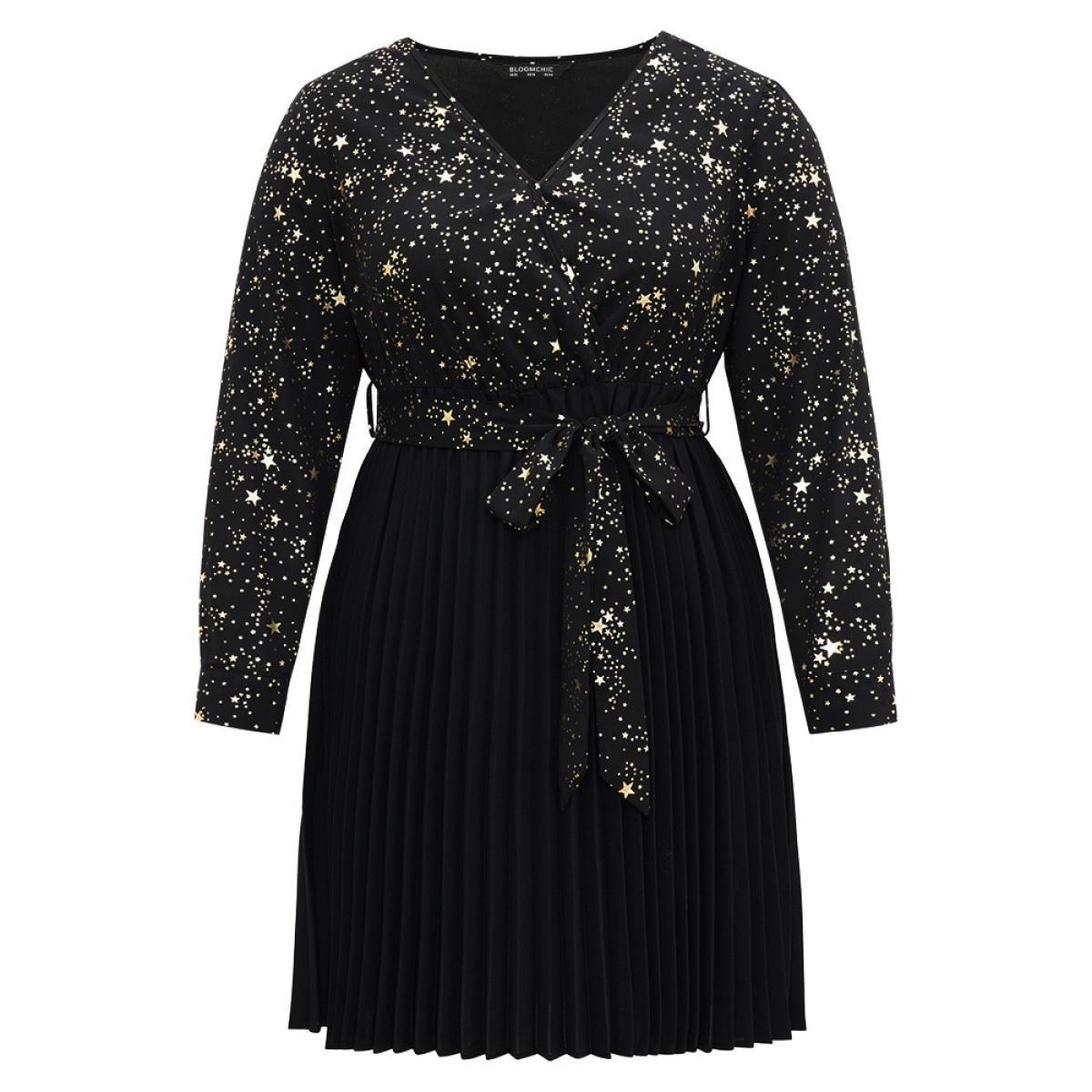 Plus Size Star Glitter Belted Pleated Wrap Dress Black Women Cocktail Belted V-neck Long Sleeve Curvy Midi Dress BloomChic 18-20/2X Product Image