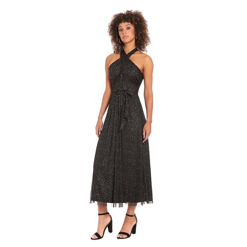 Women's London Times Mesh Wrap Halter Neck Maxi Dress, Size: 14, Black Gold Product Image